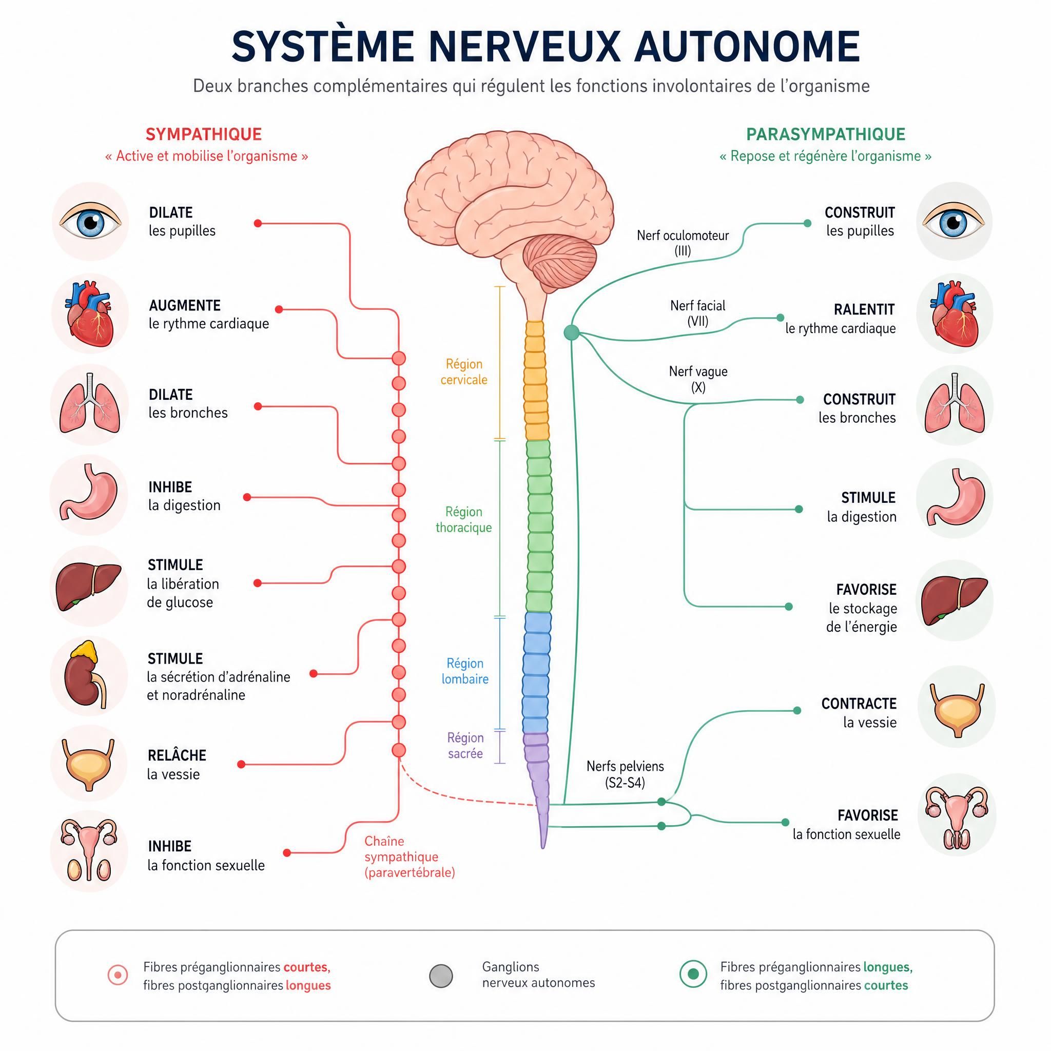 illustration schématique du système nerveux autonome avec les deux branches sympathique et parasympathique, style épuré et pédagogique