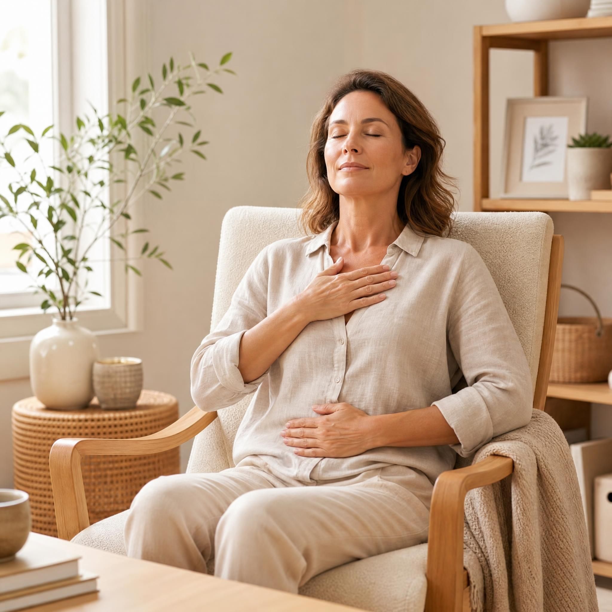 Femme d'environ 40 ans aux yeux fermés, visage serein et détendu, assise dans un fauteuil chaleureux, pratiquant un exercice de respiration profonde, lumière naturelle douce, tons beige et bois clair