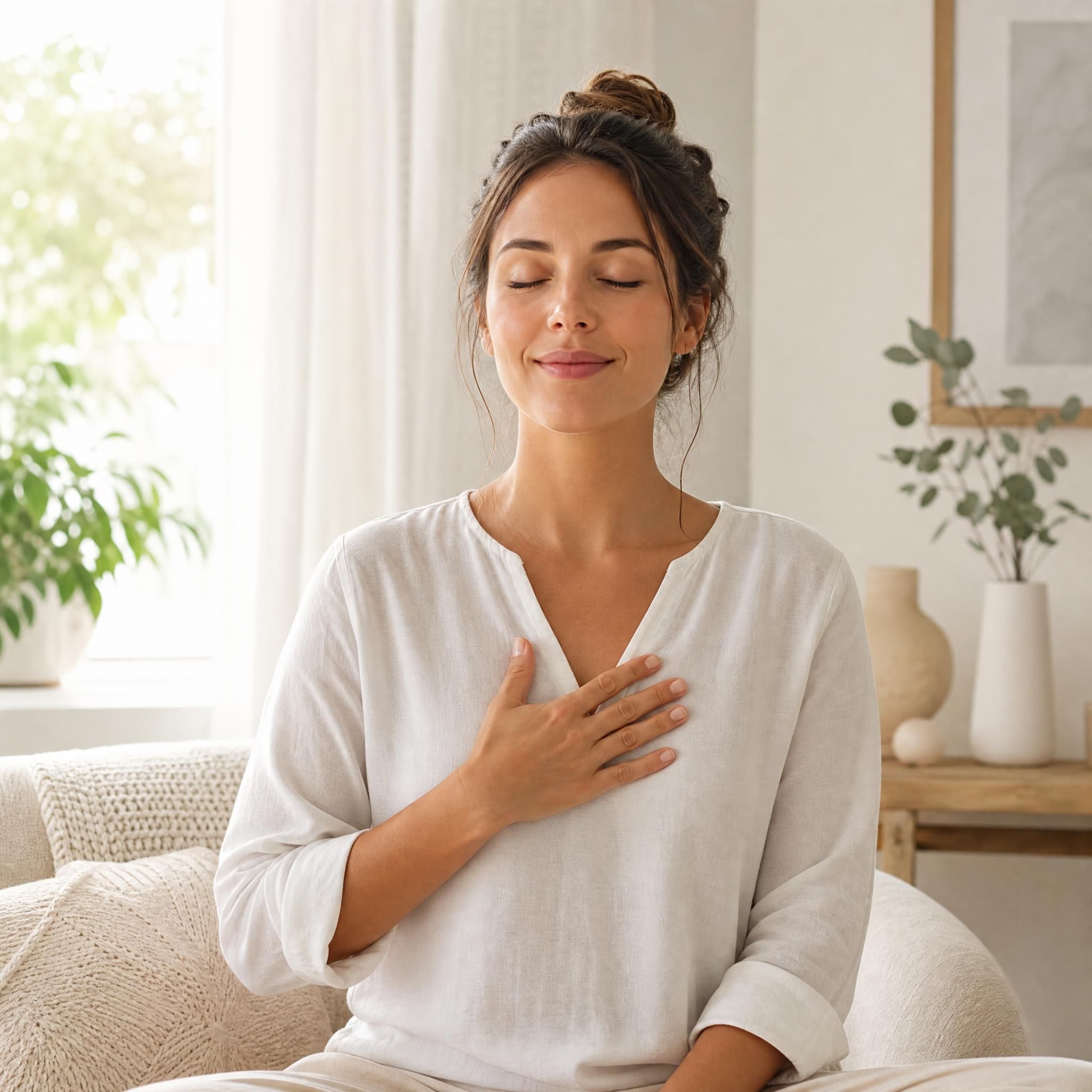 Femme pratiquant la cohérence cardiaque, main posée sur le cœur, yeux fermés, lumière naturelle douce, espace intérieur apaisant aux tons neutres