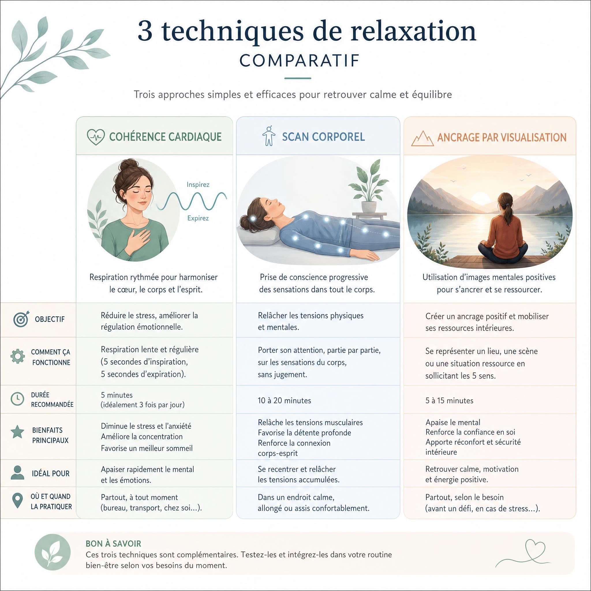 tableau comparatif illustré des trois techniques de relaxation — cohérence cardiaque, scan corporel, ancrage par visualisation — dans un design épuré et apaisant