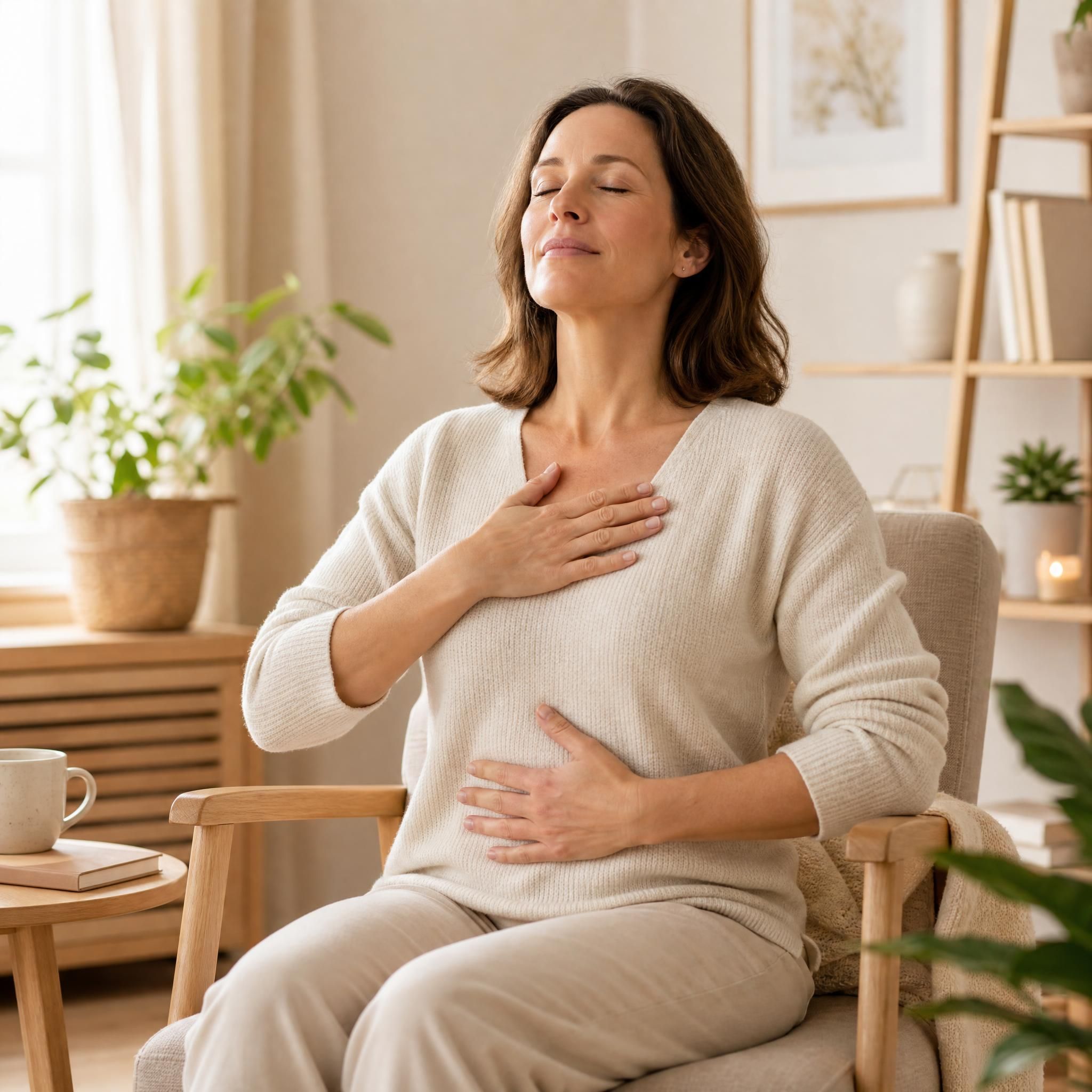 Femme d'environ 40 ans, yeux fermés, visage serein, assise dans un fauteuil chaleureux, pratiquant un exercice de respiration profonde dans un espace lumineux aux tons beiges et bois clair