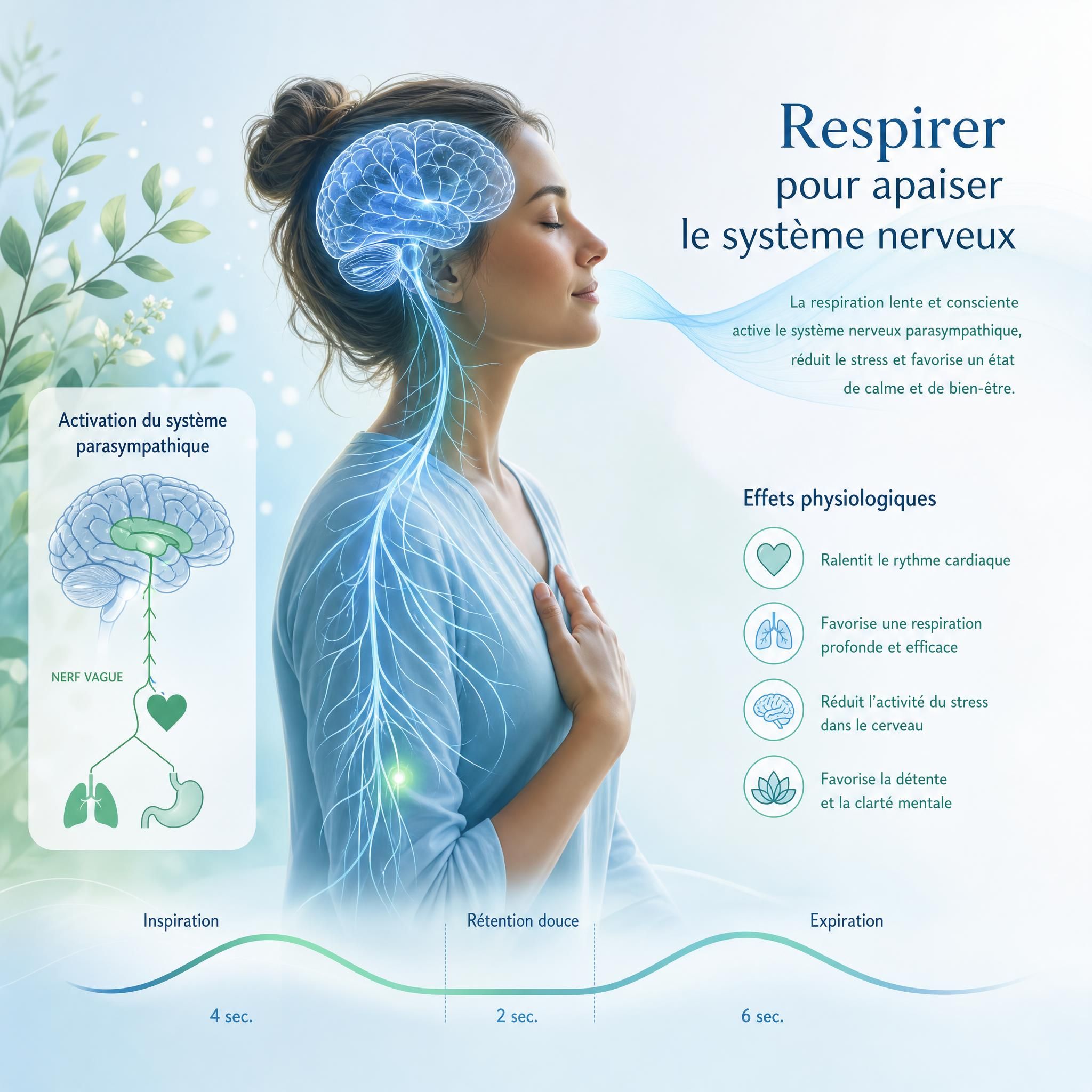 Illustration douce montrant un système nerveux apaisé, des ondes de respiration calmes, ambiance scientifique et bienveillante, tons bleus et verts doux