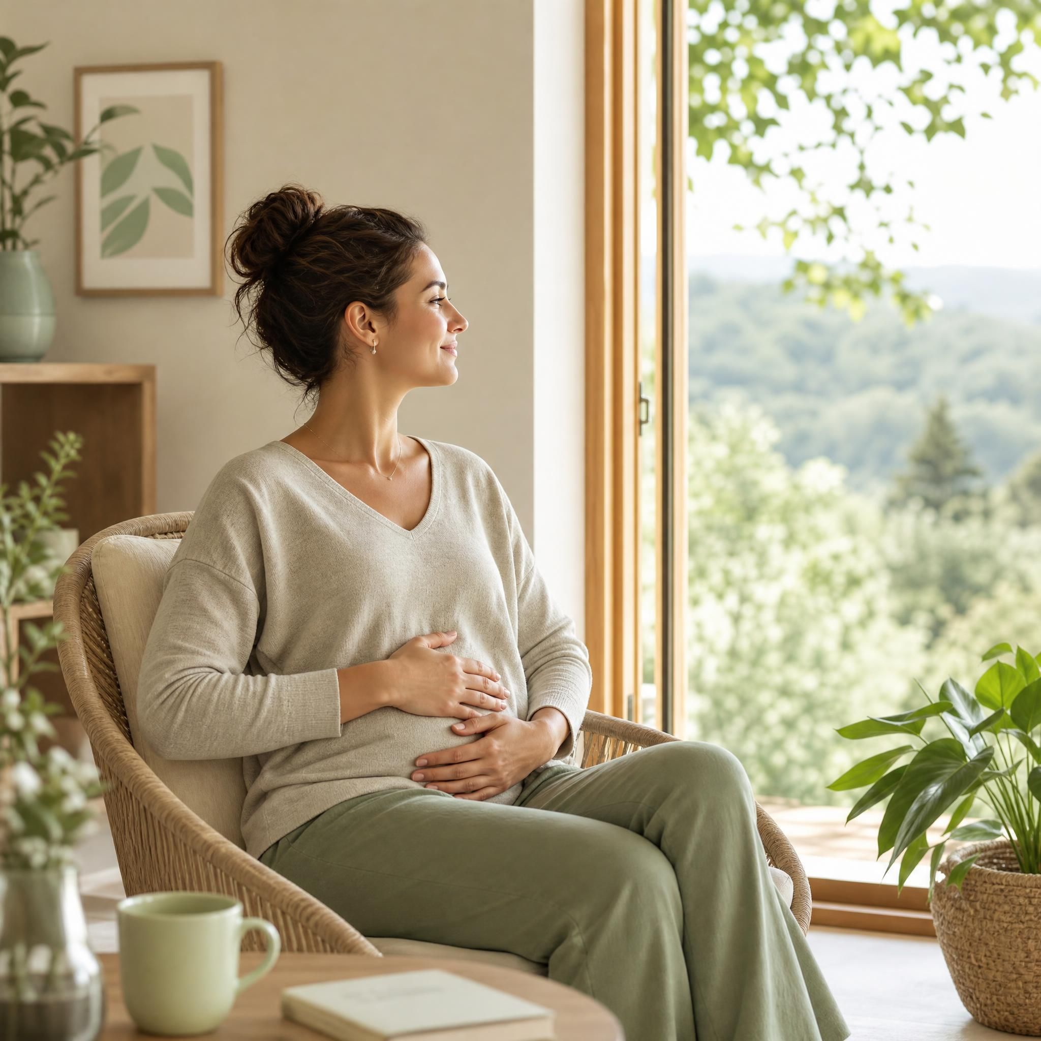 Femme assise dans un espace lumineux et apaisant, les mains sur le ventre, regard serein tourné vers une fenêtre ouverte sur la nature, ambiance de bien-être et de stabilité intérieure, tons verts et beiges