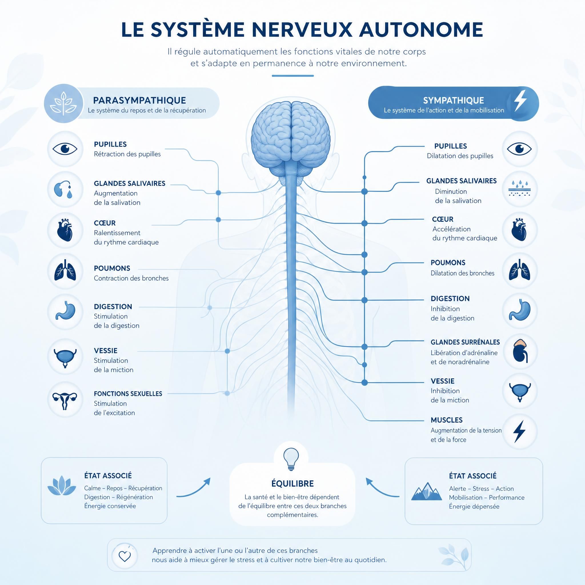 Illustration scientifique douce montrant le système nerveux autonome et ses deux branches parasympathique et sympathique, style infographie bien-être, tons bleu clair et blanc