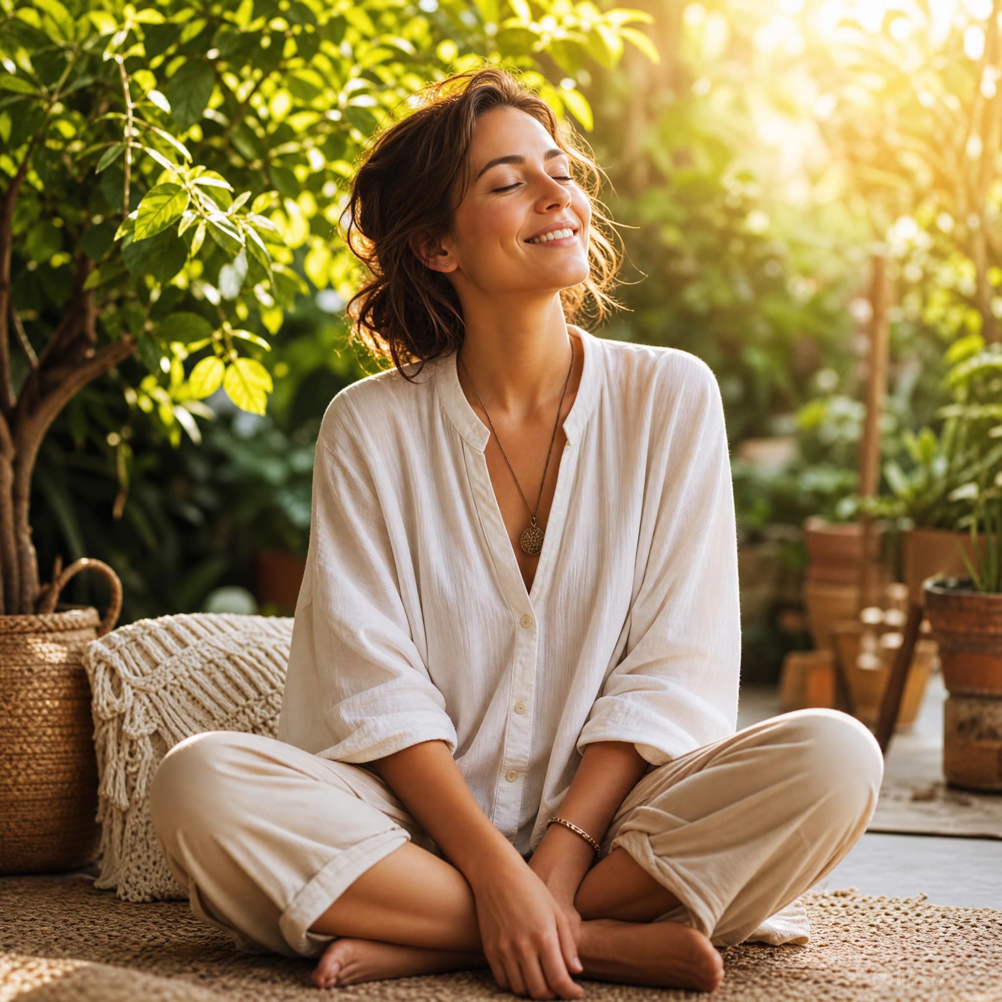 Femme souriante, détendue, assise dans un espace naturel lumineux, expression de sérénité et d'ancrage, lumière dorée, ambiance de bien-être authentique