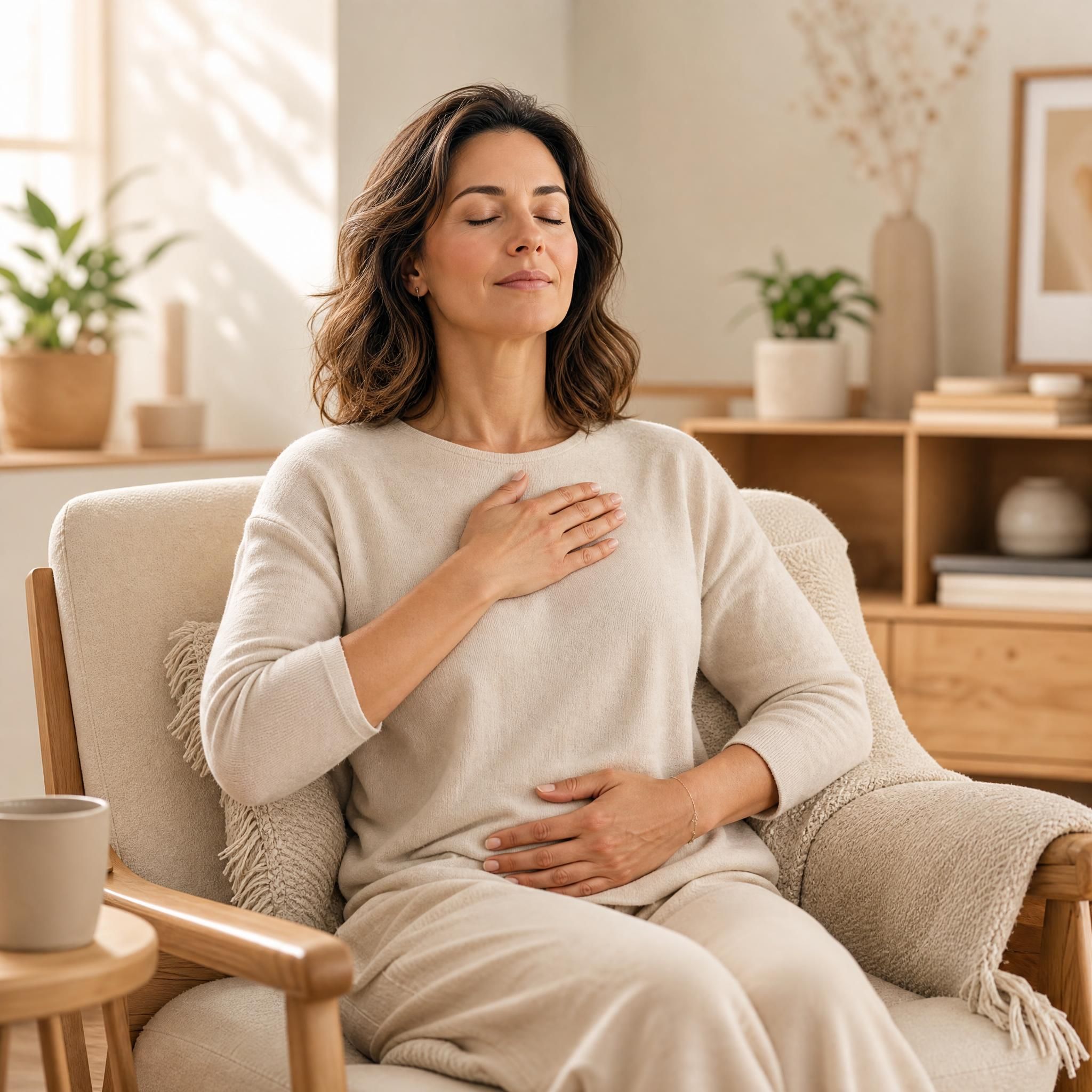 Femme d'environ 40 ans, yeux fermés, visage serein, assise dans un fauteuil confortable, pratiquant un exercice de respiration profonde dans un intérieur chaleureux aux tons beige et bois clair, lumière naturelle douce