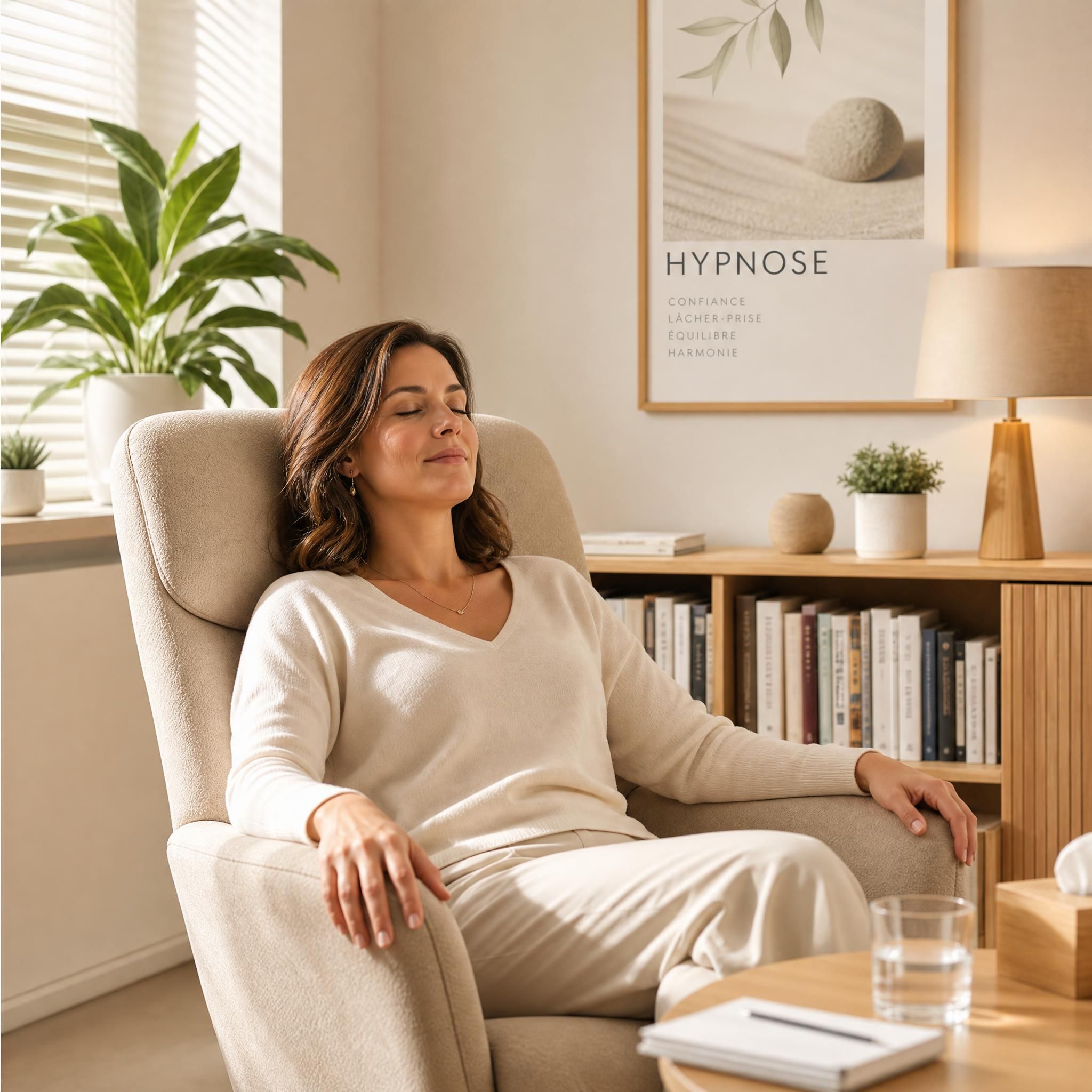 Femme dans un fauteuil confortable, épaules relâchées, yeux fermés, expression apaisée, lumière naturelle douce dans un cabinet d'hypnose moderne aux tons beige et bois clair