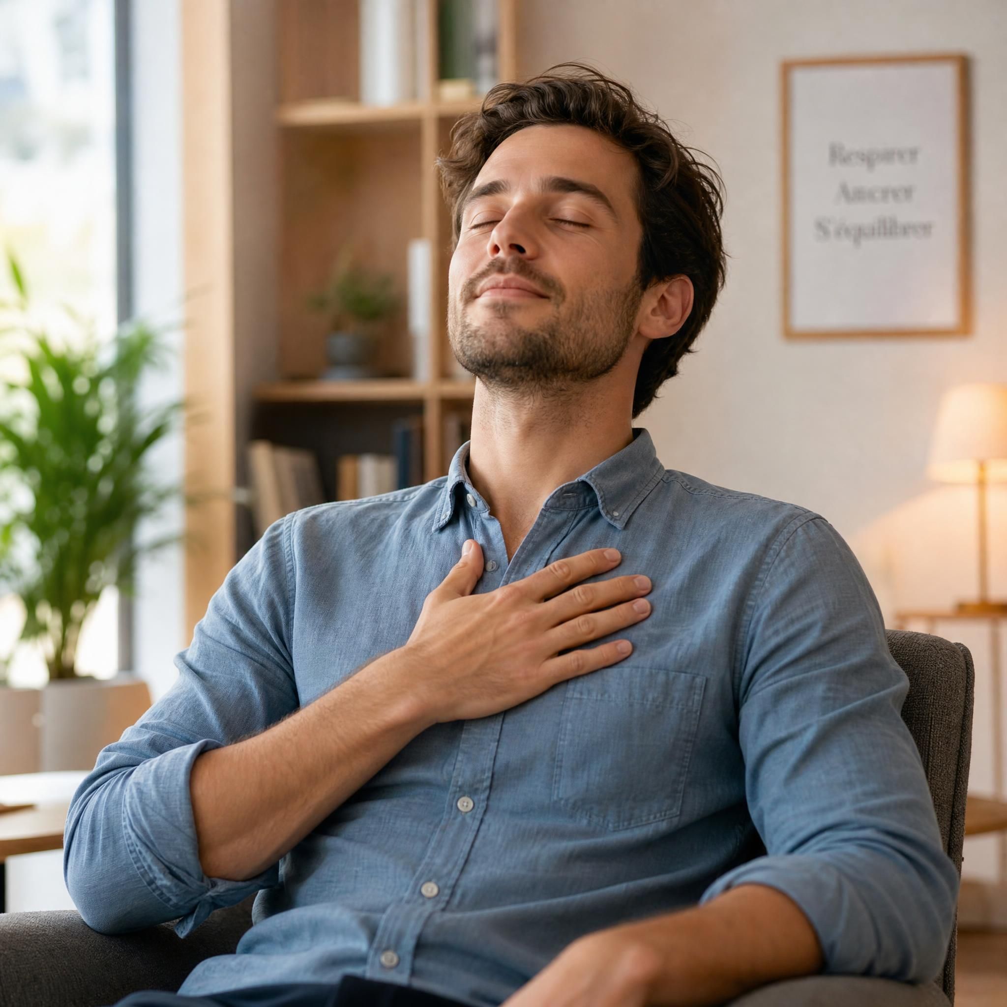 Homme en position détendue, main posée sur la poitrine, yeux mi-clos, expression de soulagement et de concentration intérieure, lumière naturelle douce, cabinet chaleureux