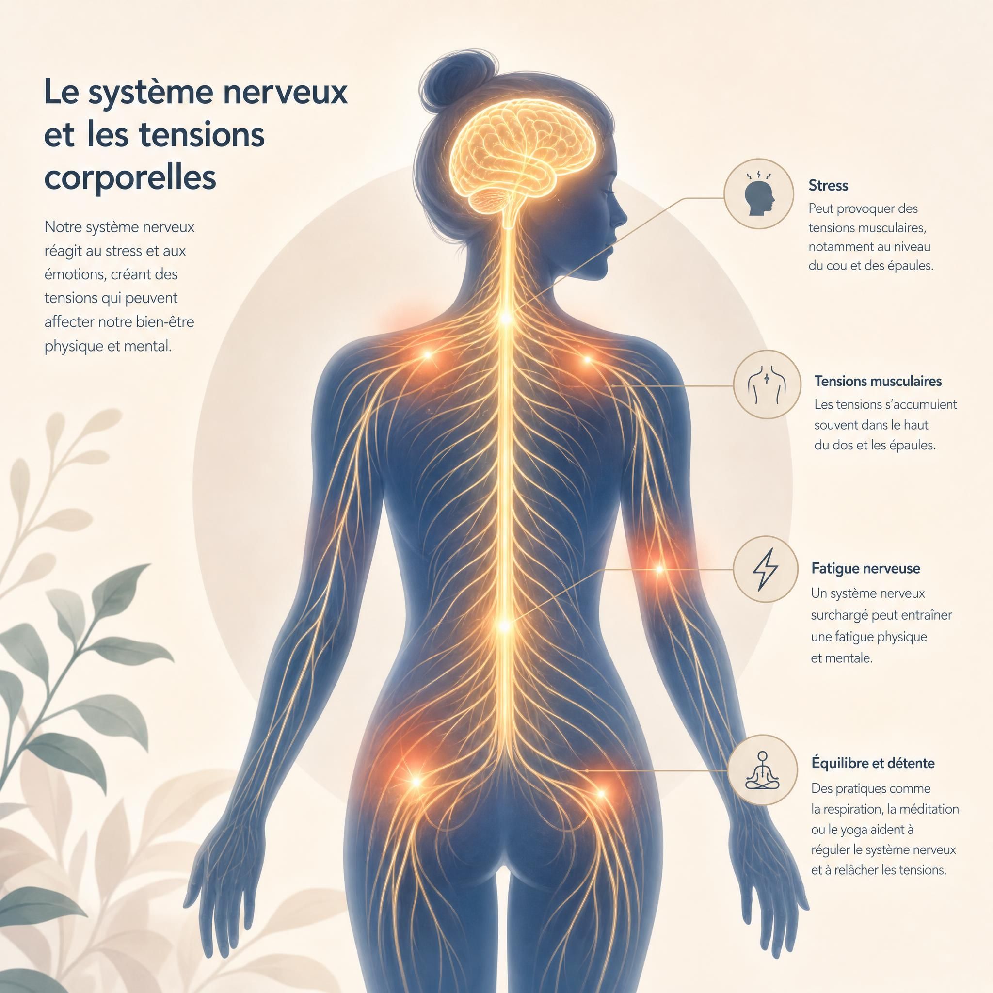 Illustration douce d'une silhouette humaine avec des zones lumineuses représentant le système nerveux et les tensions corporelles, dans un style graphique épuré et apaisant