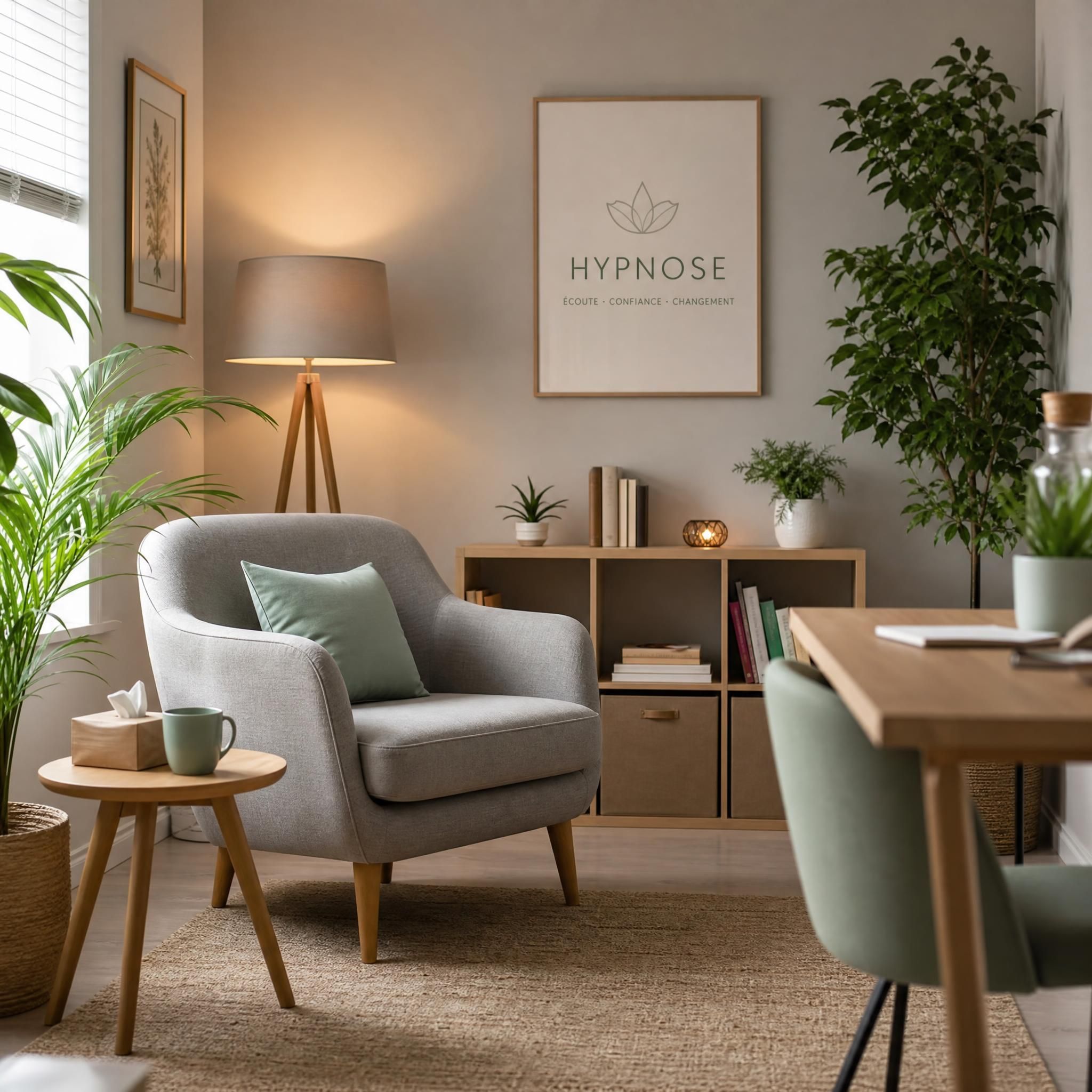 Vue d'ensemble d'un cabinet d'hypnose moderne et chaleureux, fauteuil confortable, plantes vertes, lumière naturelle douce, ambiance de confiance et de bienveillance, sans personne visible