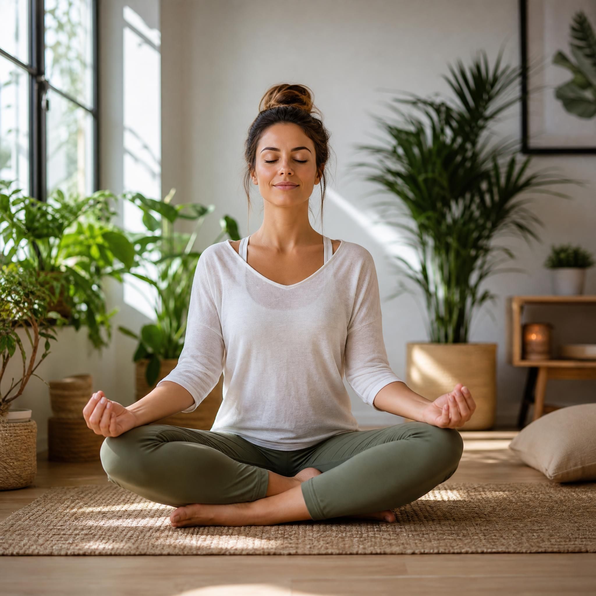 Femme assise en tailleur sur un tapis, mains posées sur les genoux, yeux fermés, expression sereine et concentrée, lumière naturelle douce filtrant par une fenêtre, plantes vertes en arrière-plan