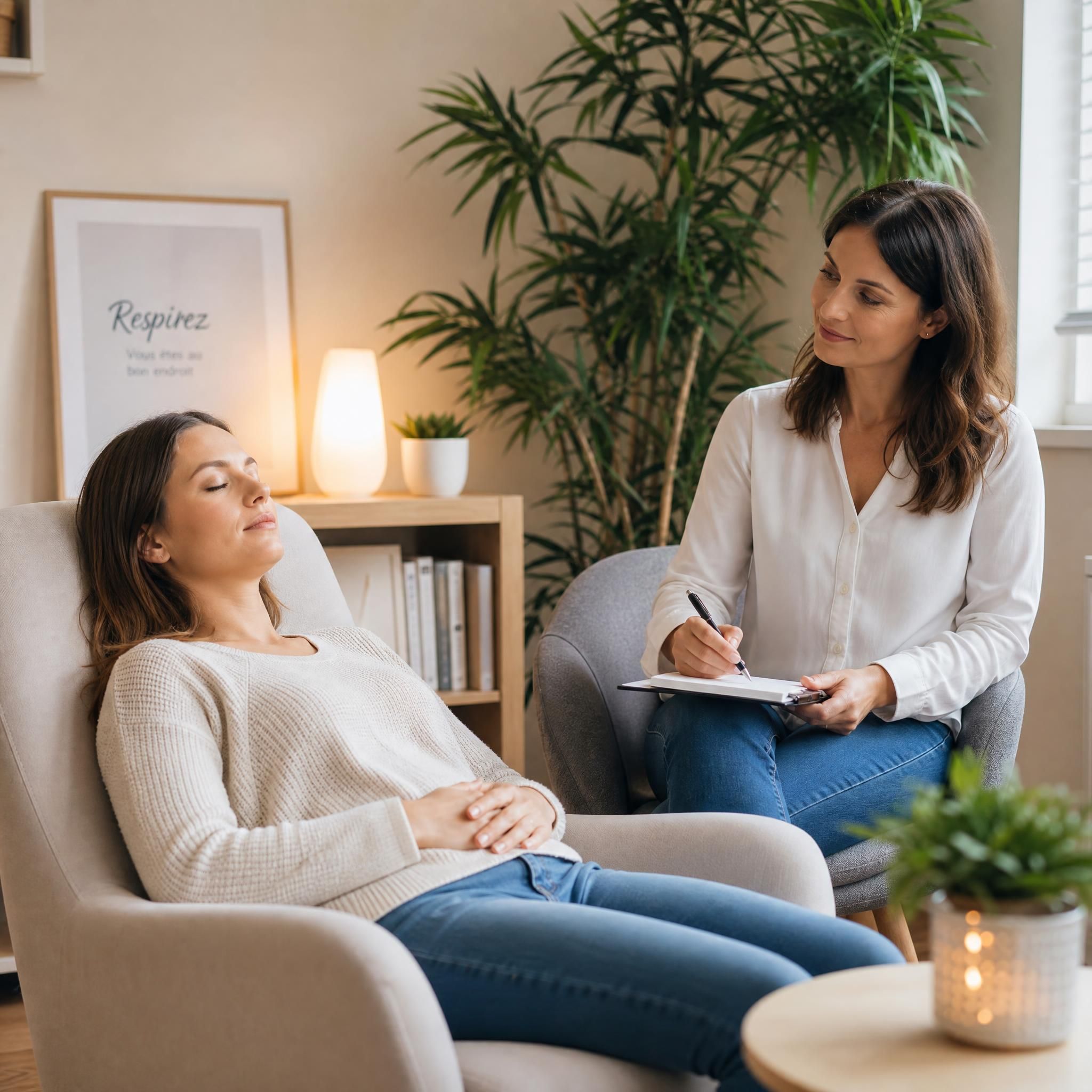 Hypnothérapeute et cliente en séance dans un cabinet chaleureux, lumière naturelle douce, plantes vertes en fond, atmosphère de confiance et de bienveillance, plan moyen