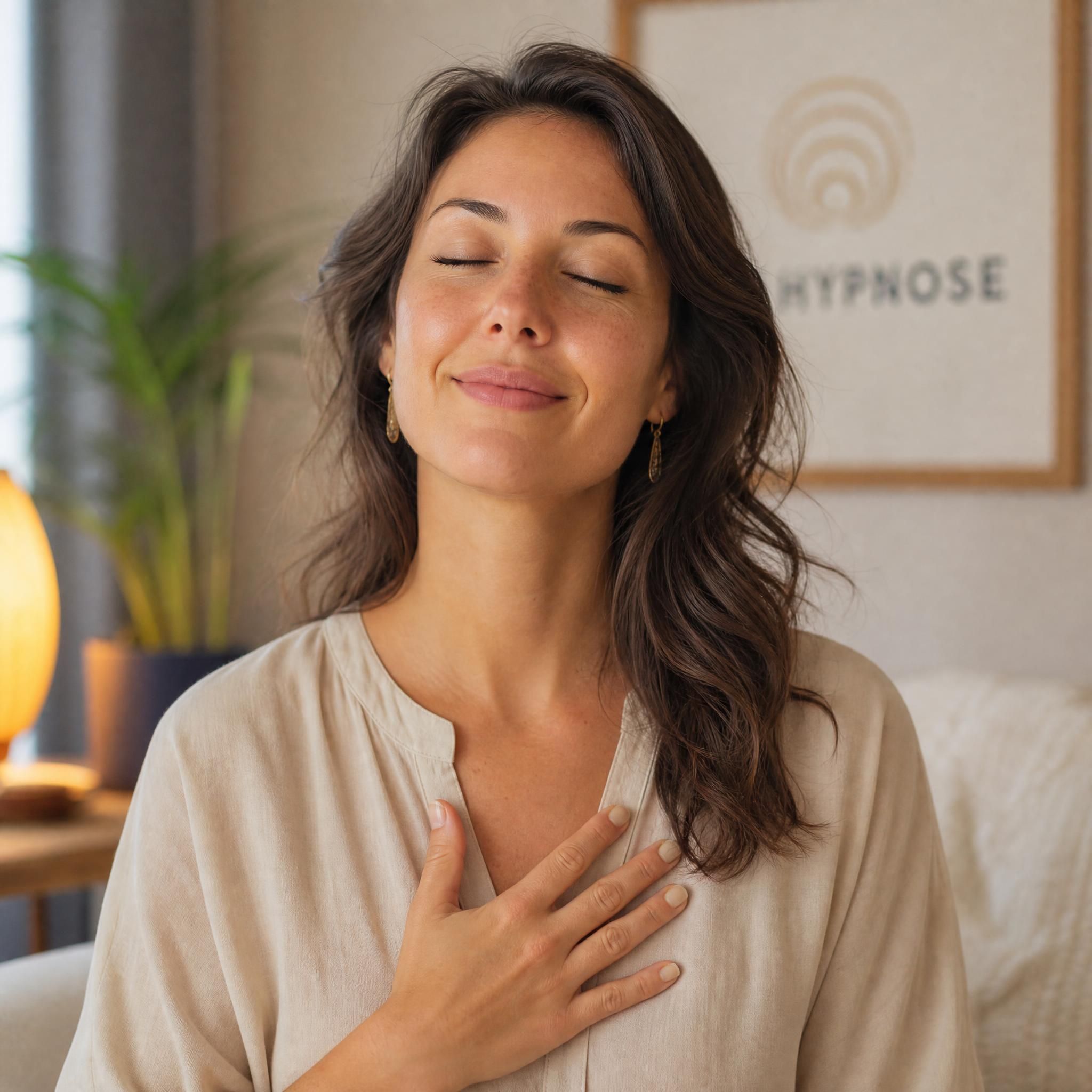 Femme d'une trentaine d'années posant la main sur sa poitrine, yeux mi-clos, expression sereine et soulagée, lumière naturelle douce, cabinet d'hypnose chaleureux, gros plan
