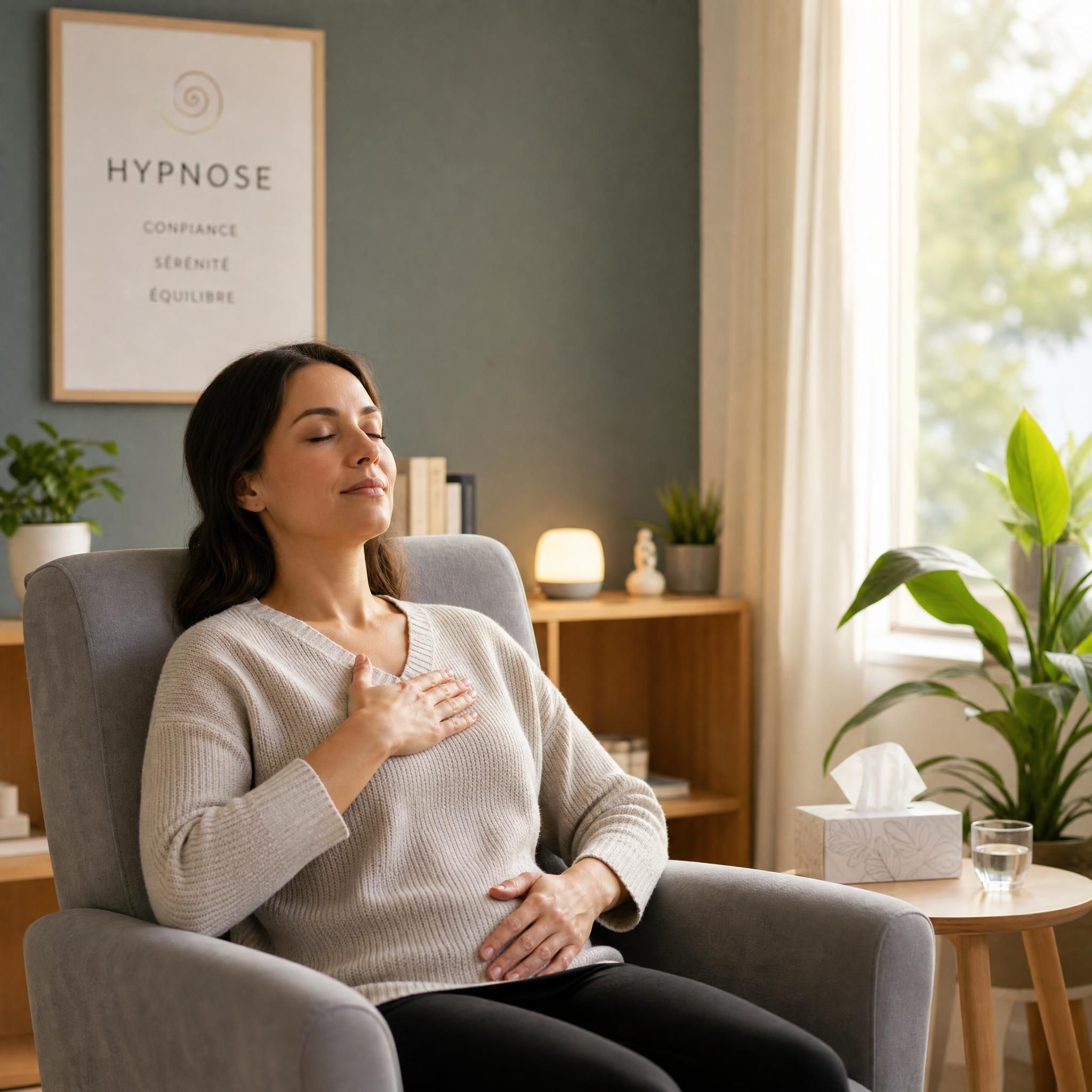 Femme sereine dans un fauteuil confortable de cabinet d'hypnose, yeux fermés, expression apaisée, main posée sur la poitrine, lumière naturelle douce entrant par une fenêtre
