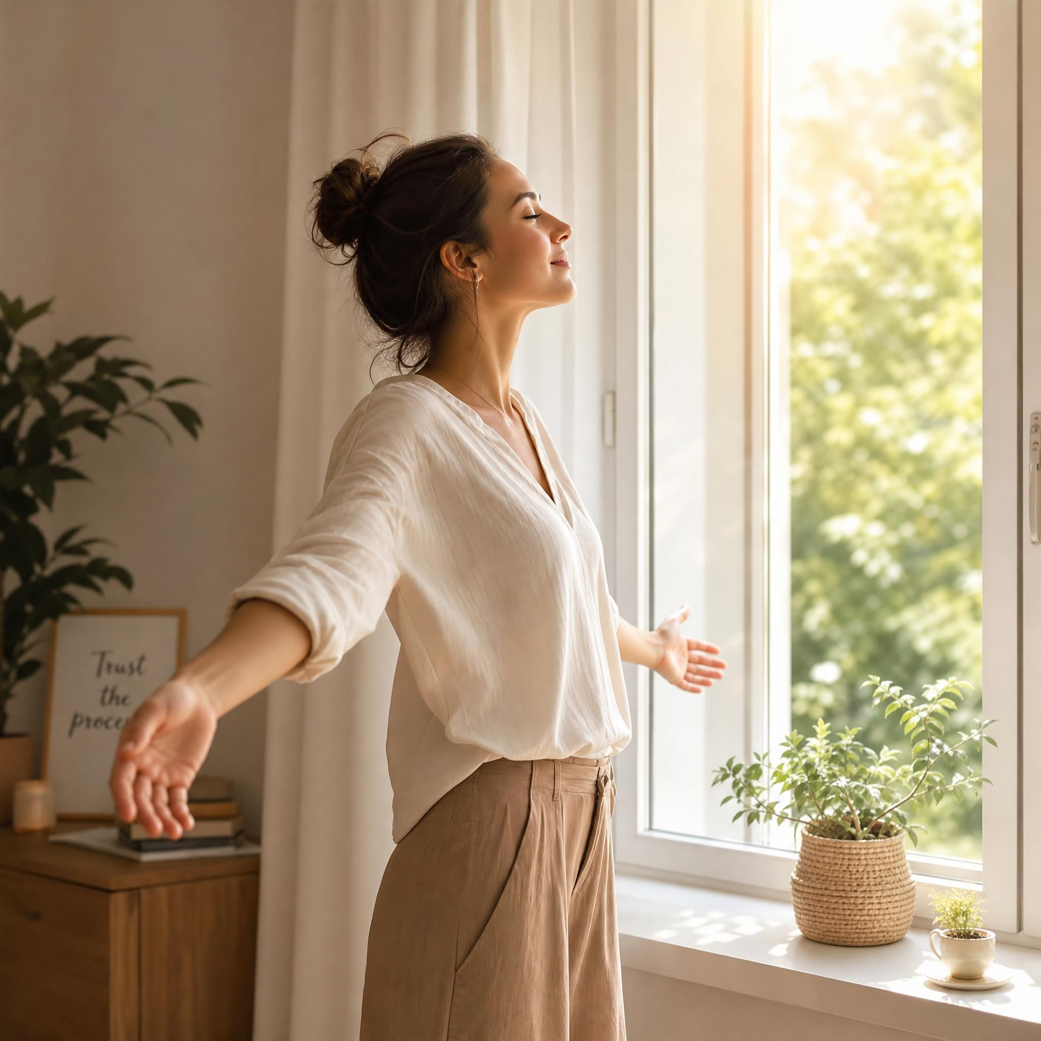 Femme debout face à une fenêtre lumineuse, posture ouverte, expression de paix intérieure retrouvée après une rupture amoureuse, ambiance douce et apaisante