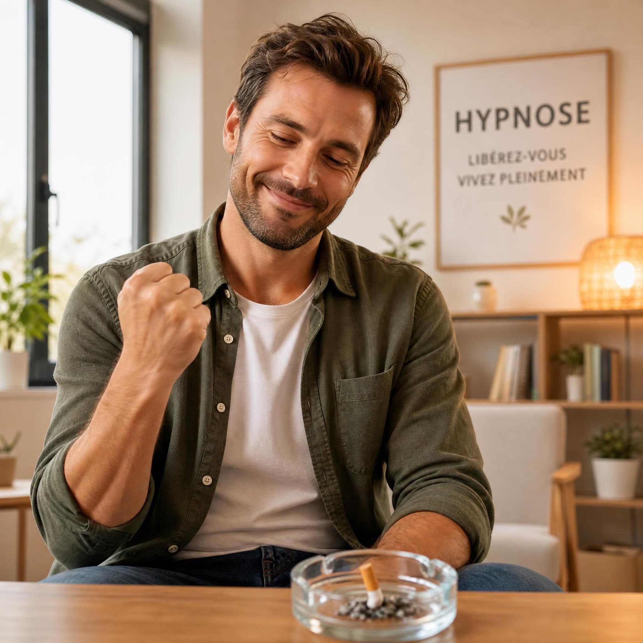 Homme souriant regardant une cigarette écrasée dans un cendrier, expression de liberté et de fierté, cabinet d'hypnose chaleureux en fond, lumière naturelle douce, plan moyen