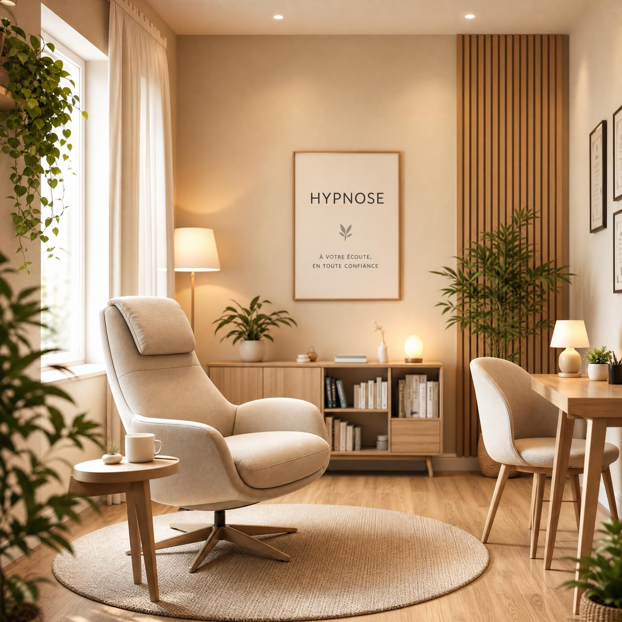 Cabinet d'hypnose moderne et chaleureux, tons beige et bois clair, plantes vertes, lumière naturelle douce, fauteuil confortable, ambiance bienveillante et sécurisante