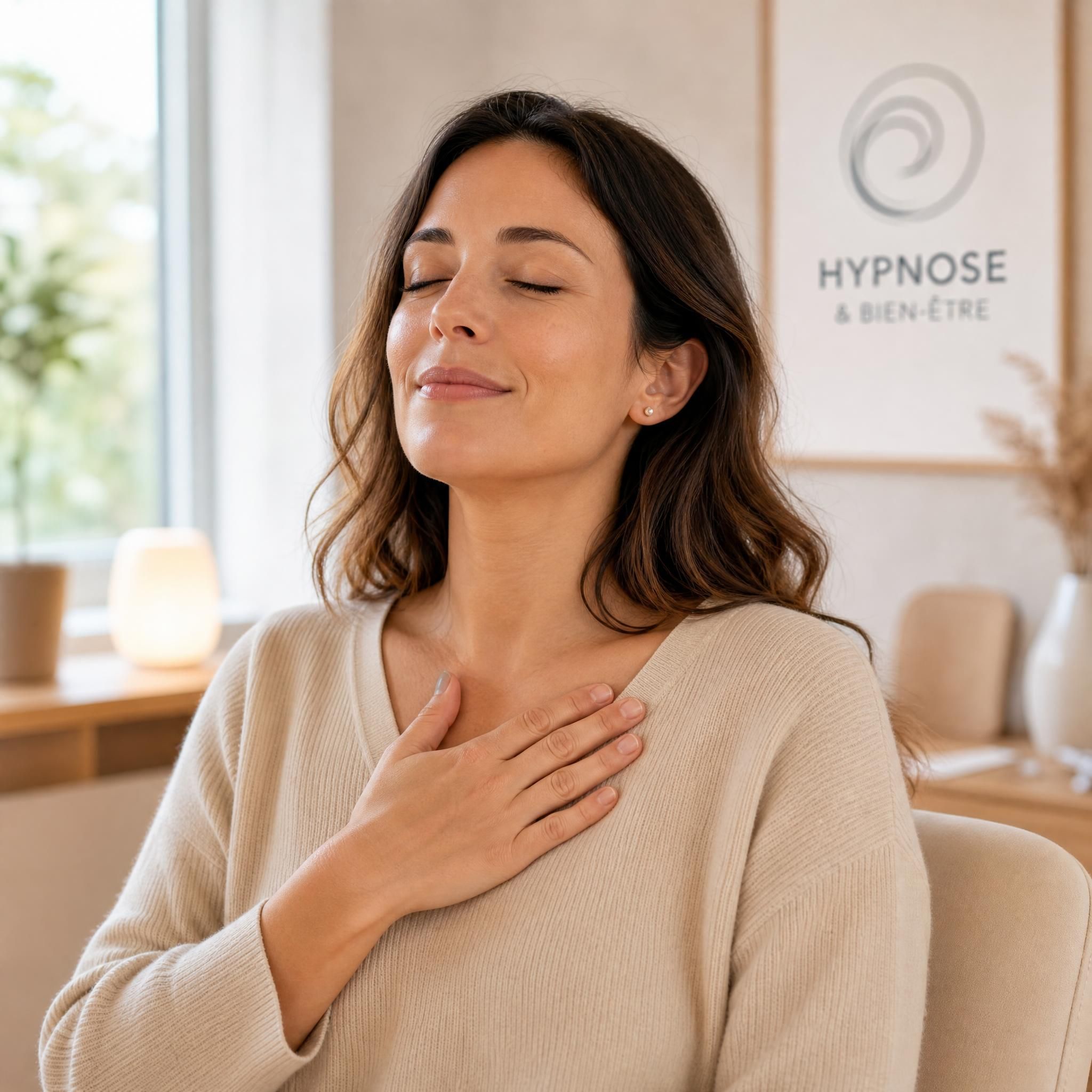 Femme d'une trentaine d'années, sereine, qui pose la main sur sa poitrine, yeux mi-clos, expression de soulagement profond, dans un cabinet d'hypnose moderne aux tons beige et bois clair, lumière naturelle douce — gros plan