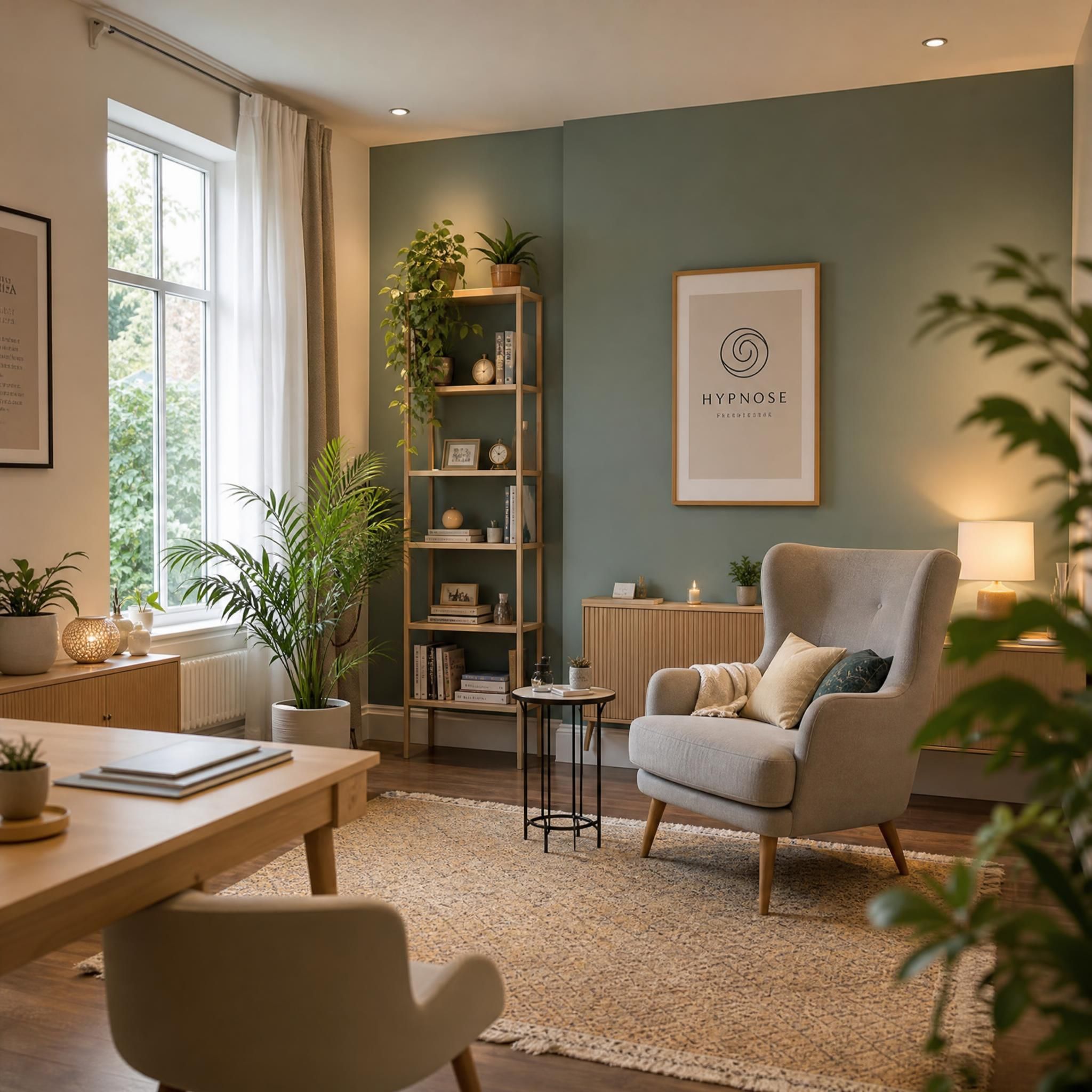 Vue d'ensemble d'un cabinet d'hypnose chaleureux et moderne, fauteuil confortable, plantes vertes, lumière naturelle tamisée, ambiance sérénité et bienveillance — plan large