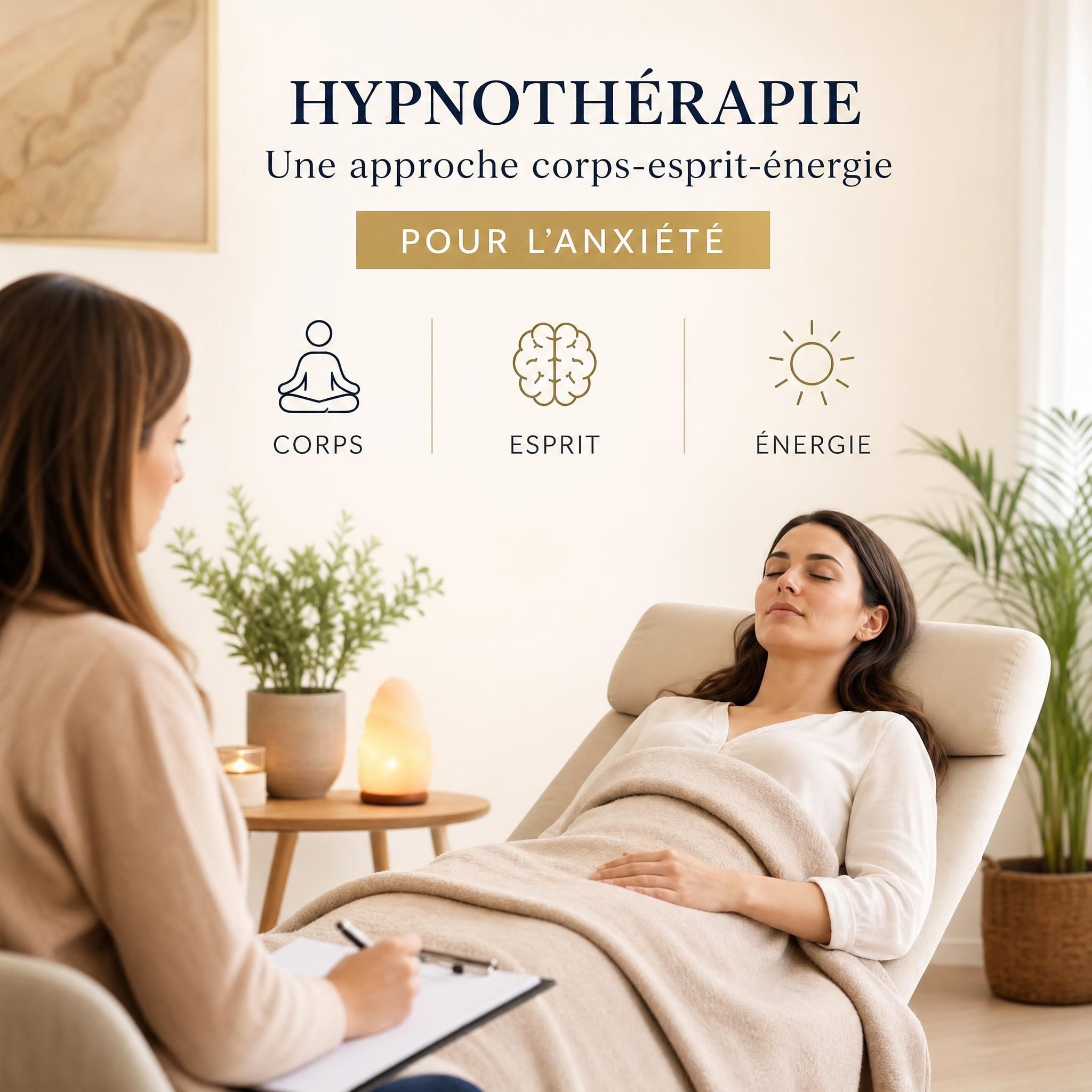 femme sereine en séance d'hypnothérapie, lumière douce, approche corps-esprit-énergie pour l'anxiété