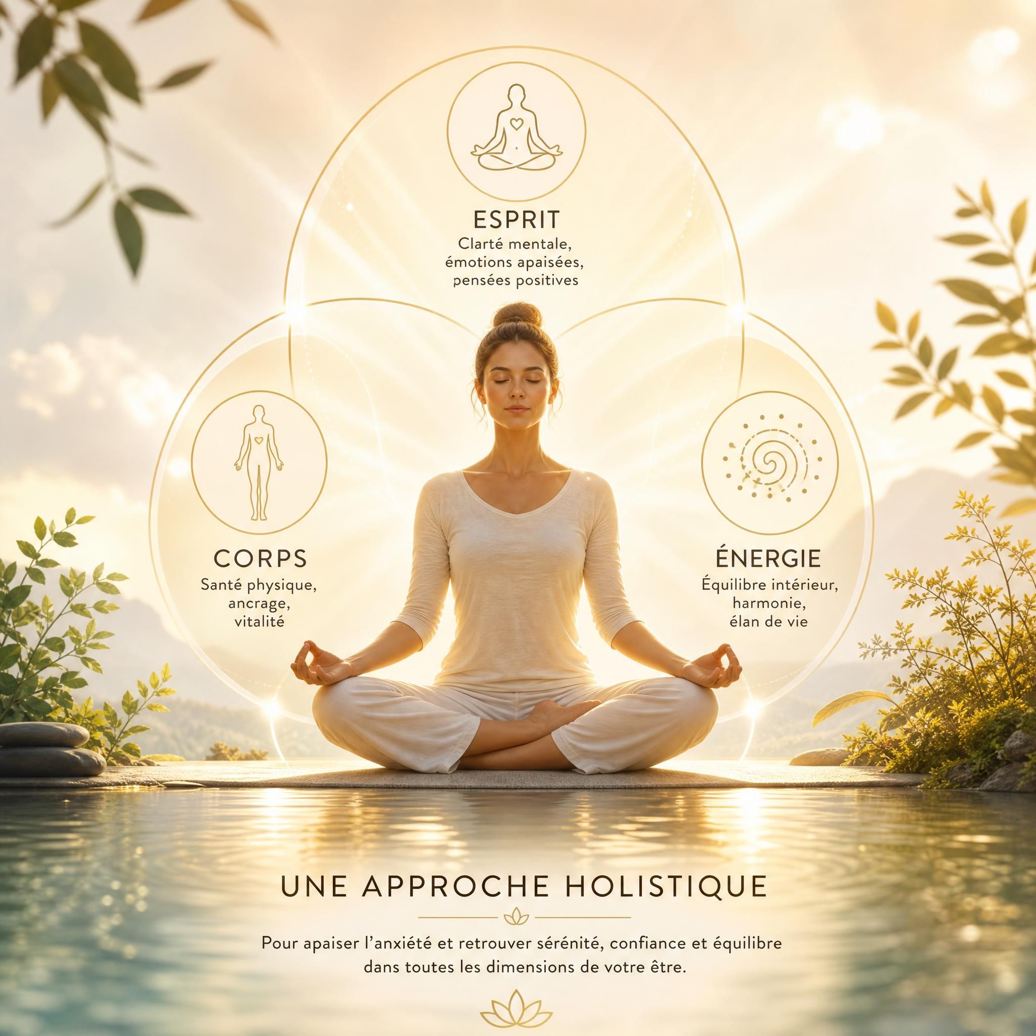 représentation symbolique des trois dimensions corps esprit énergie, lumière dorée, sérénité, approche holistique anxiété