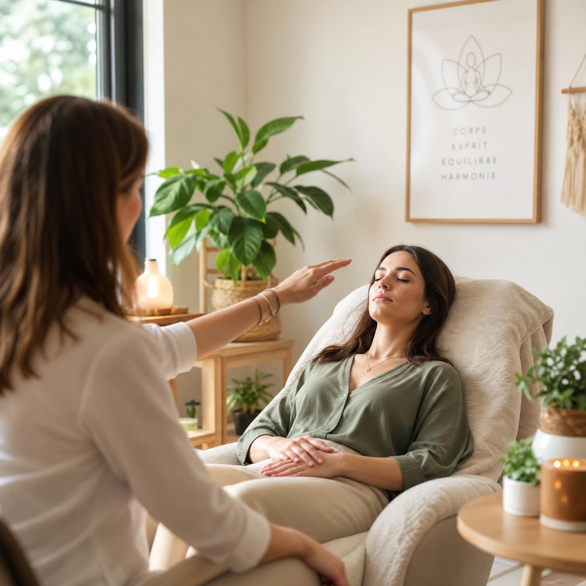 femme en séance d'hypnose thérapeutique, ambiance douce et apaisante, lumière naturelle, approche holistique corps esprit
