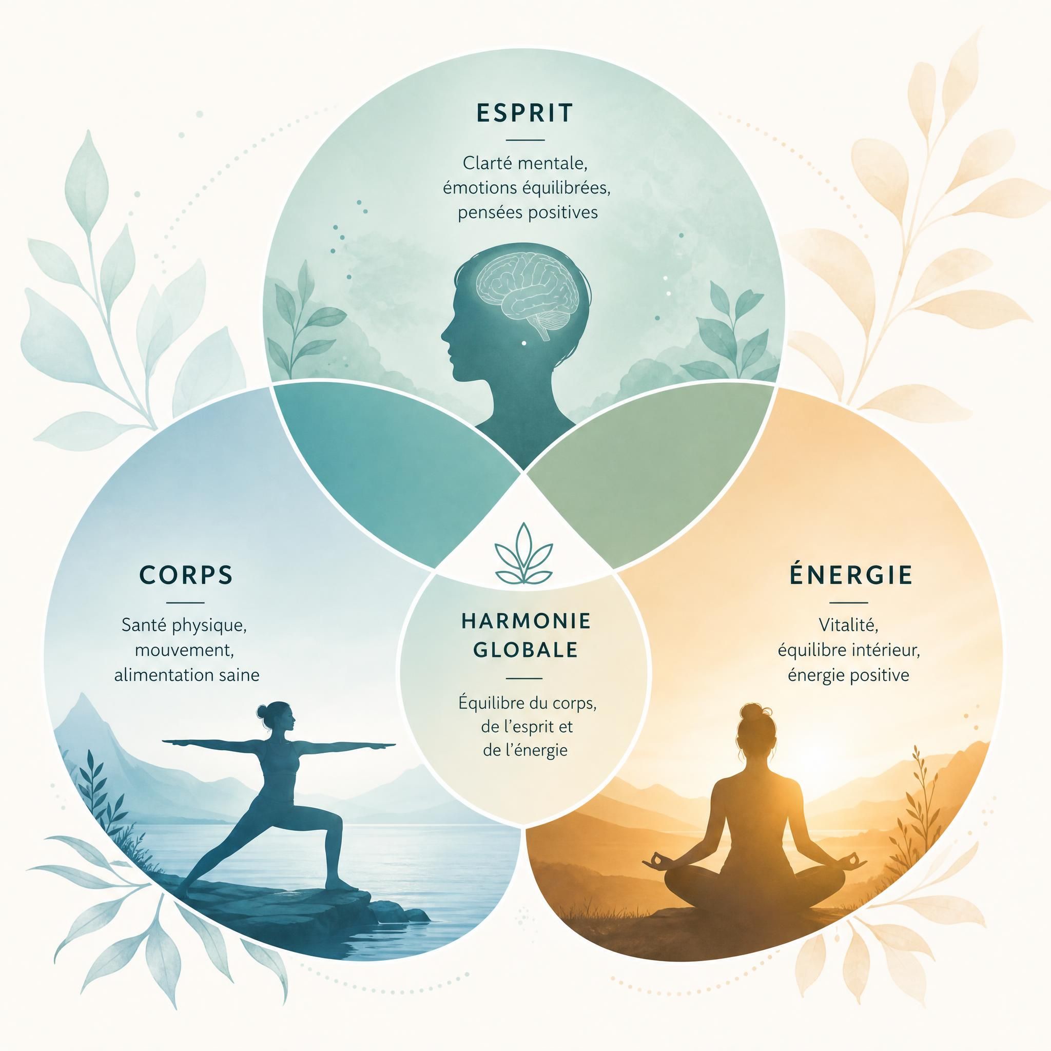 représentation symbolique des trois dimensions corps esprit énergie, cercles interconnectés, couleurs douces et harmonieuses, approche holistique de la santé