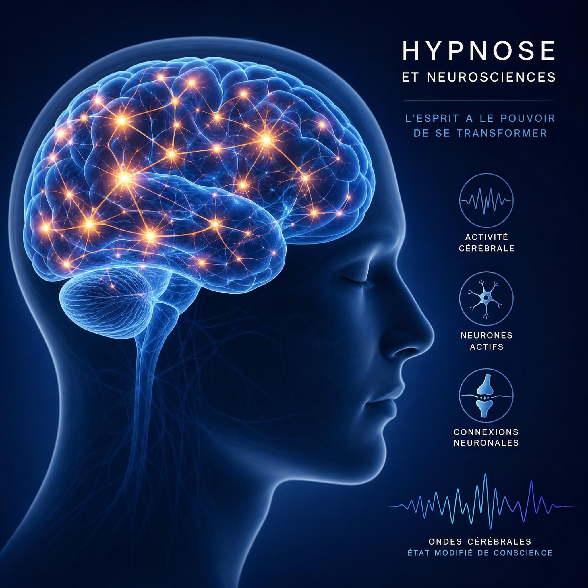 cerveau humain avec activité neuronale visualisée, illustration scientifique hypnose et neurosciences
