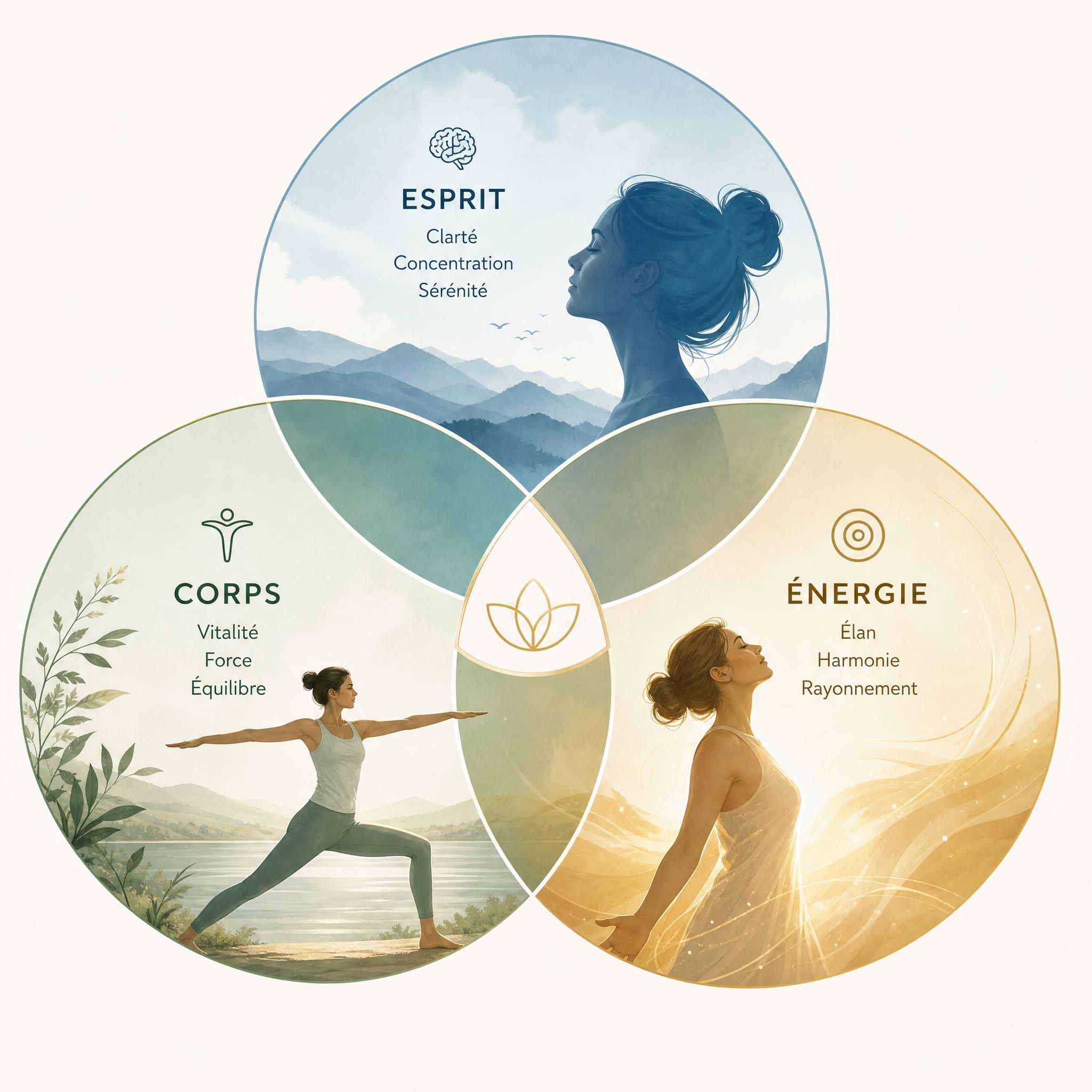 illustration symbolique des trois dimensions corps esprit énergie, cercles entrelacés, couleurs douces et harmonieuses