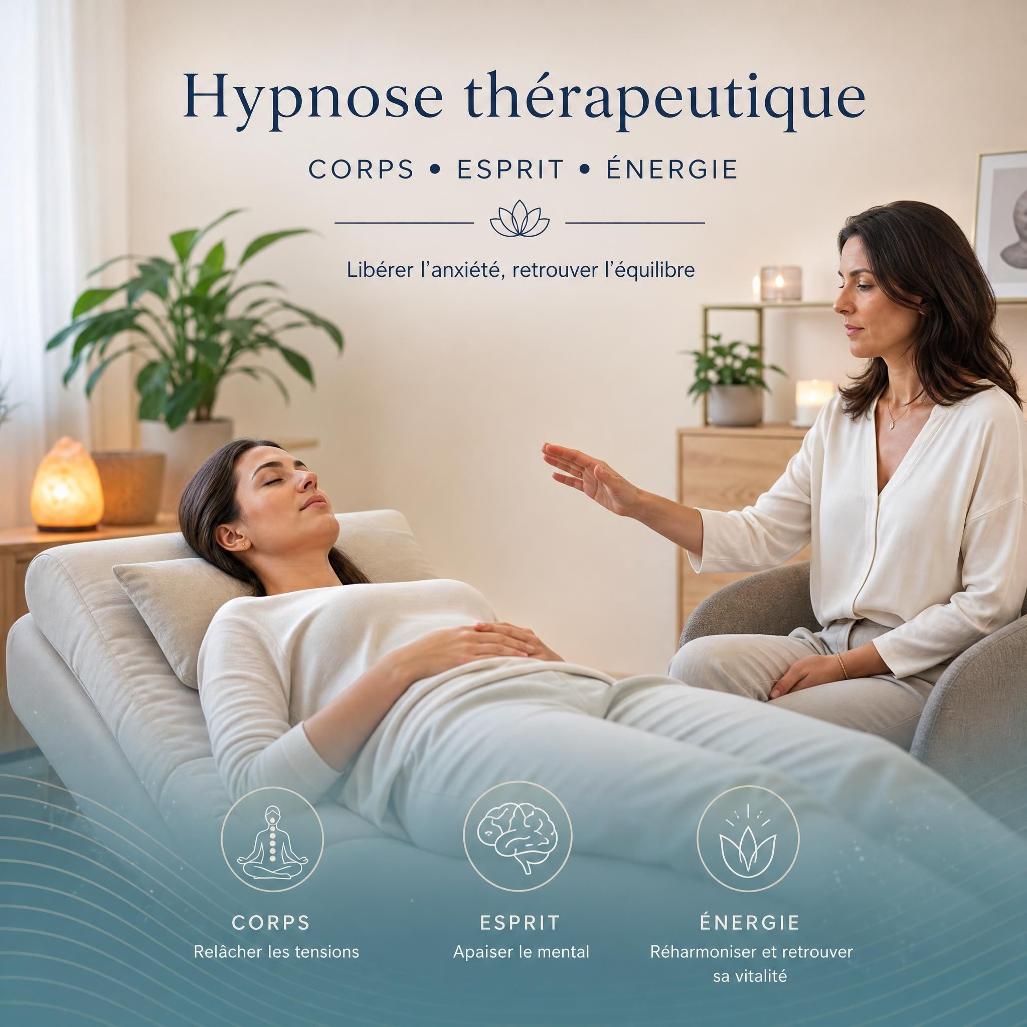 Femme en séance d'hypnose thérapeutique allongée dans un cabinet apaisant, lumière douce, approche corps-esprit-énergie pour libérer l'anxiété