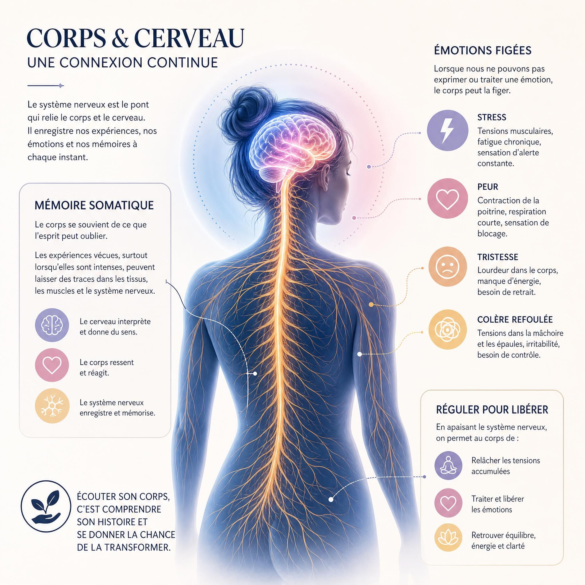 illustration du système nerveux humain et connexion corps-cerveau, représentation visuelle de la mémoire somatique et des émotions figées