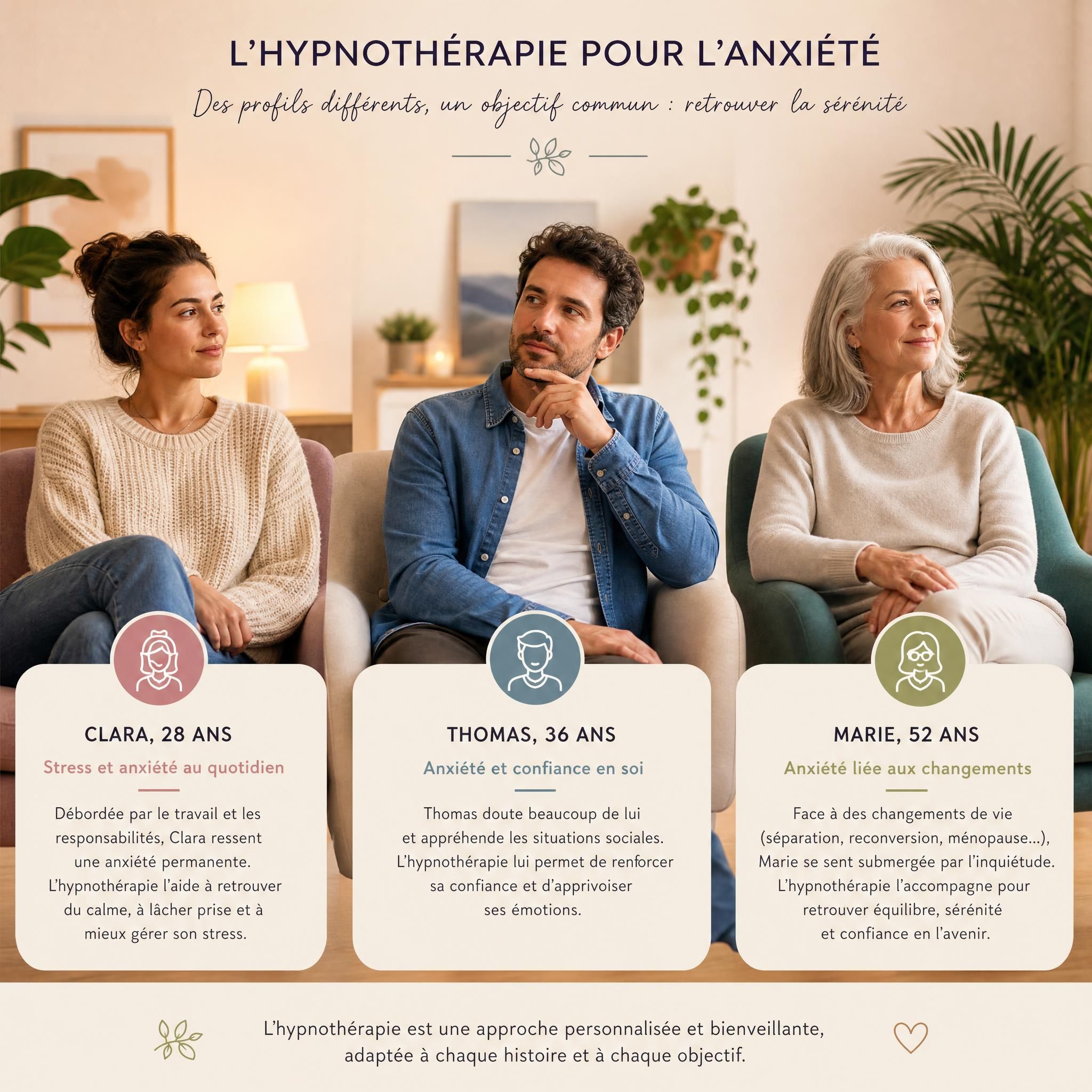 trois personnes différentes représentant des profils de patients en hypnothérapie pour l'anxiété, atmosphère bienveillante et chaleureuse