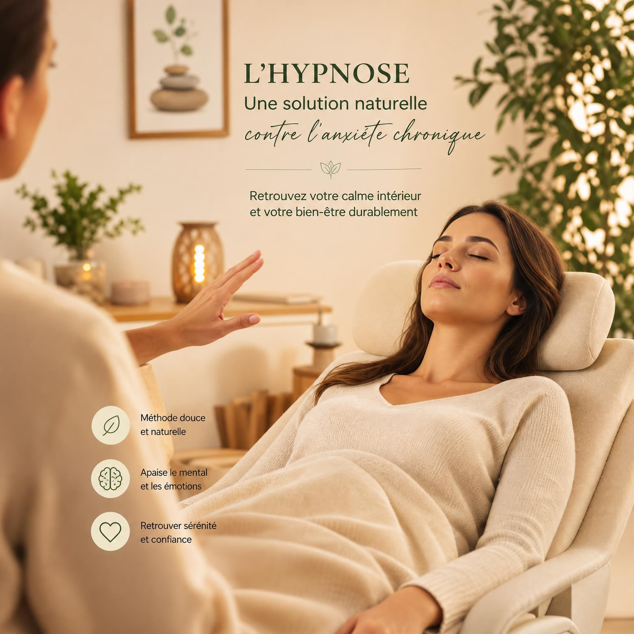 Femme sereine en état de relaxation profonde lors d'une séance d'hypnose thérapeutique, ambiance chaleureuse et bienveillante, solution naturelle anxiété chronique