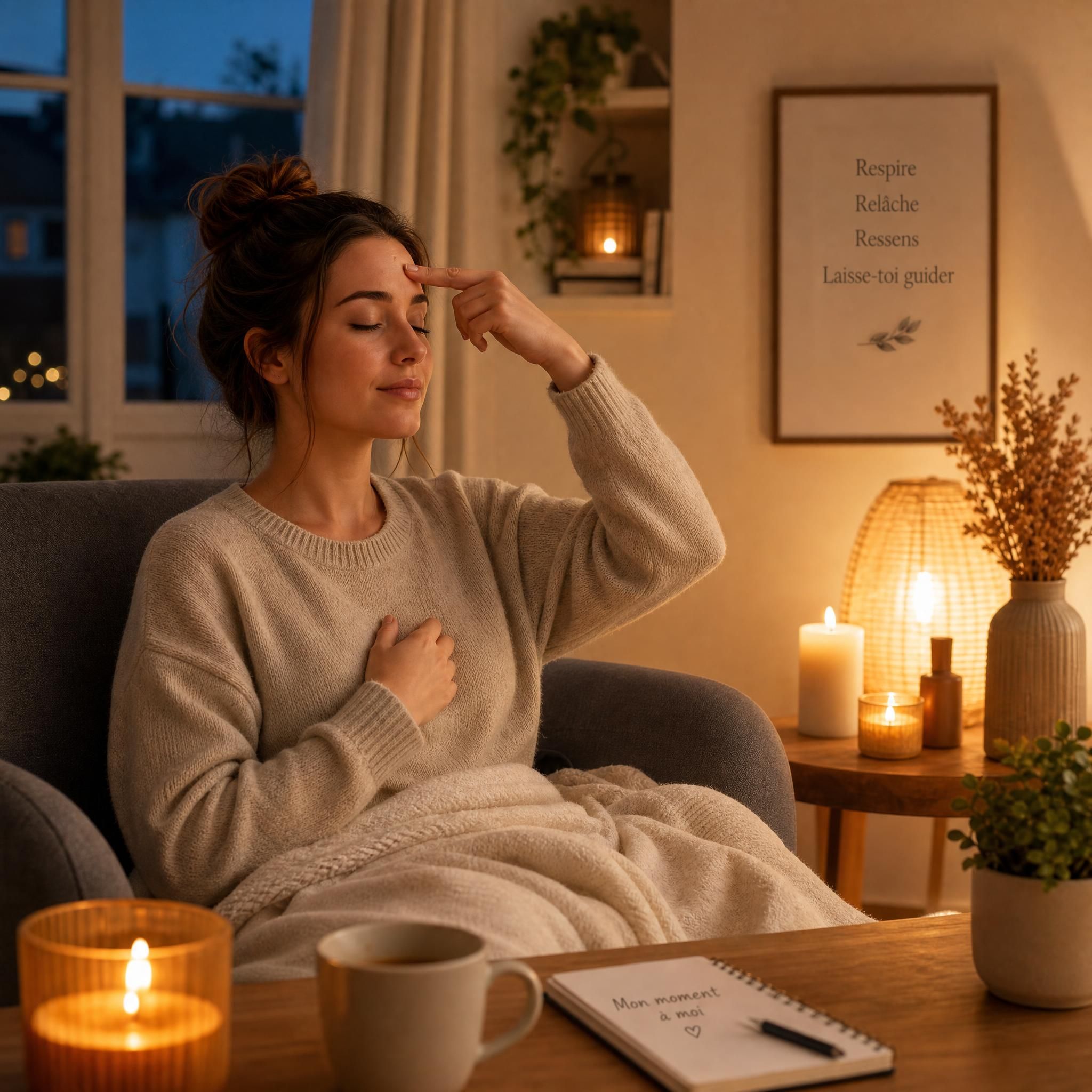 Femme pratiquant l'auto-hypnose chez elle le soir, ambiance chaleureuse et apaisante avec bougies