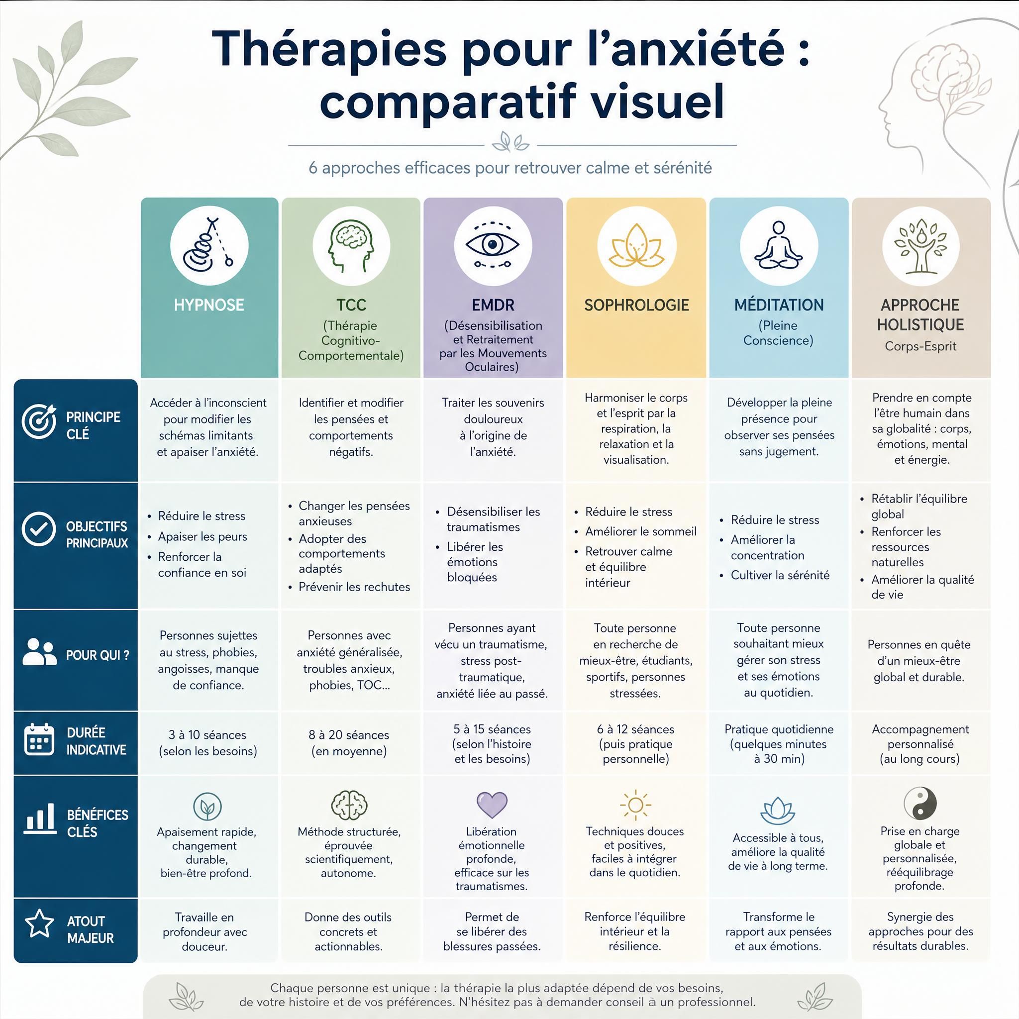 Tableau comparatif visuel des thérapies pour l'anxiété - hypnose, TCC, EMDR, sophrologie, méditation, approche holistique corps-esprit