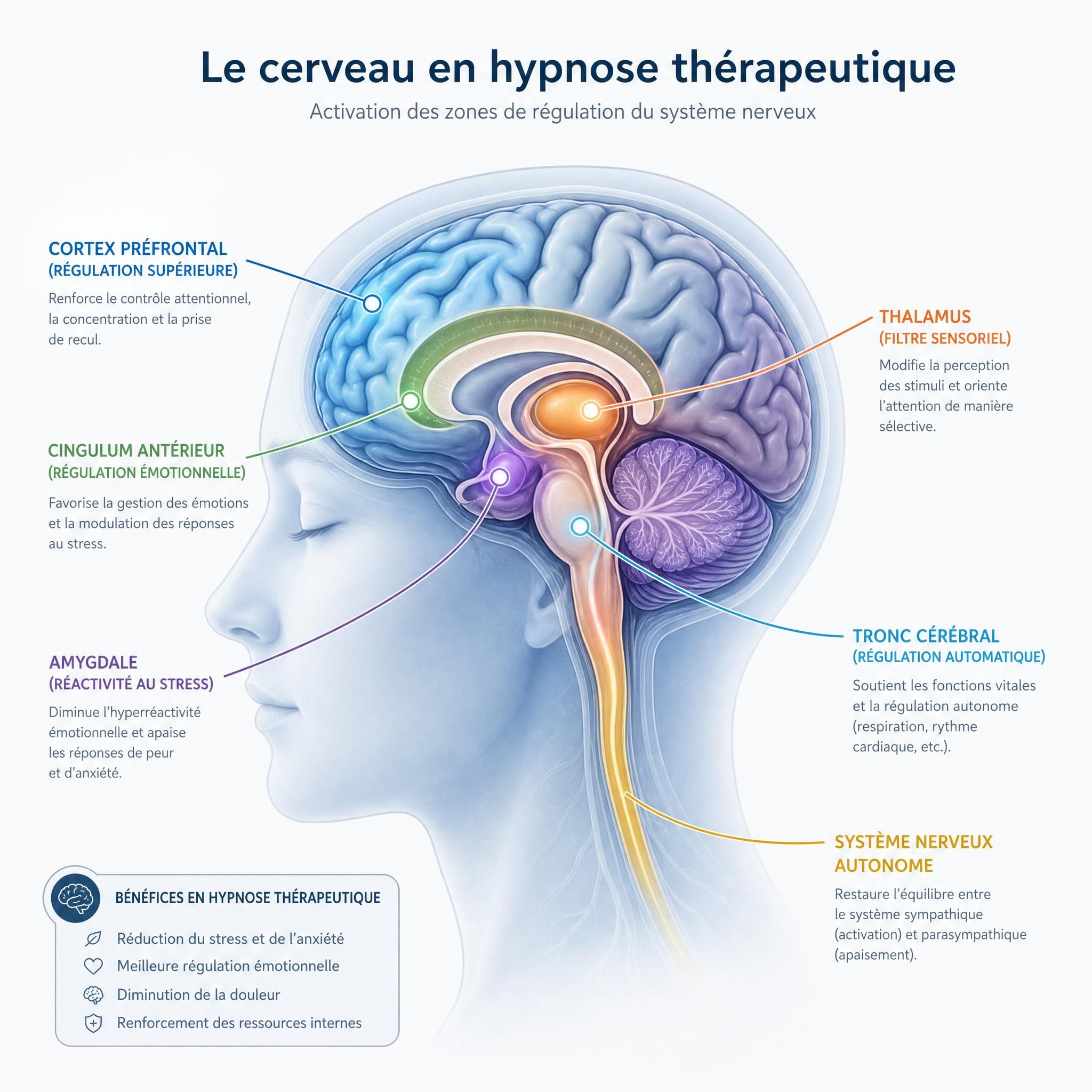 Illustration schématique du cerveau en état d'hypnose thérapeutique montrant les zones de régulation du système nerveux activées