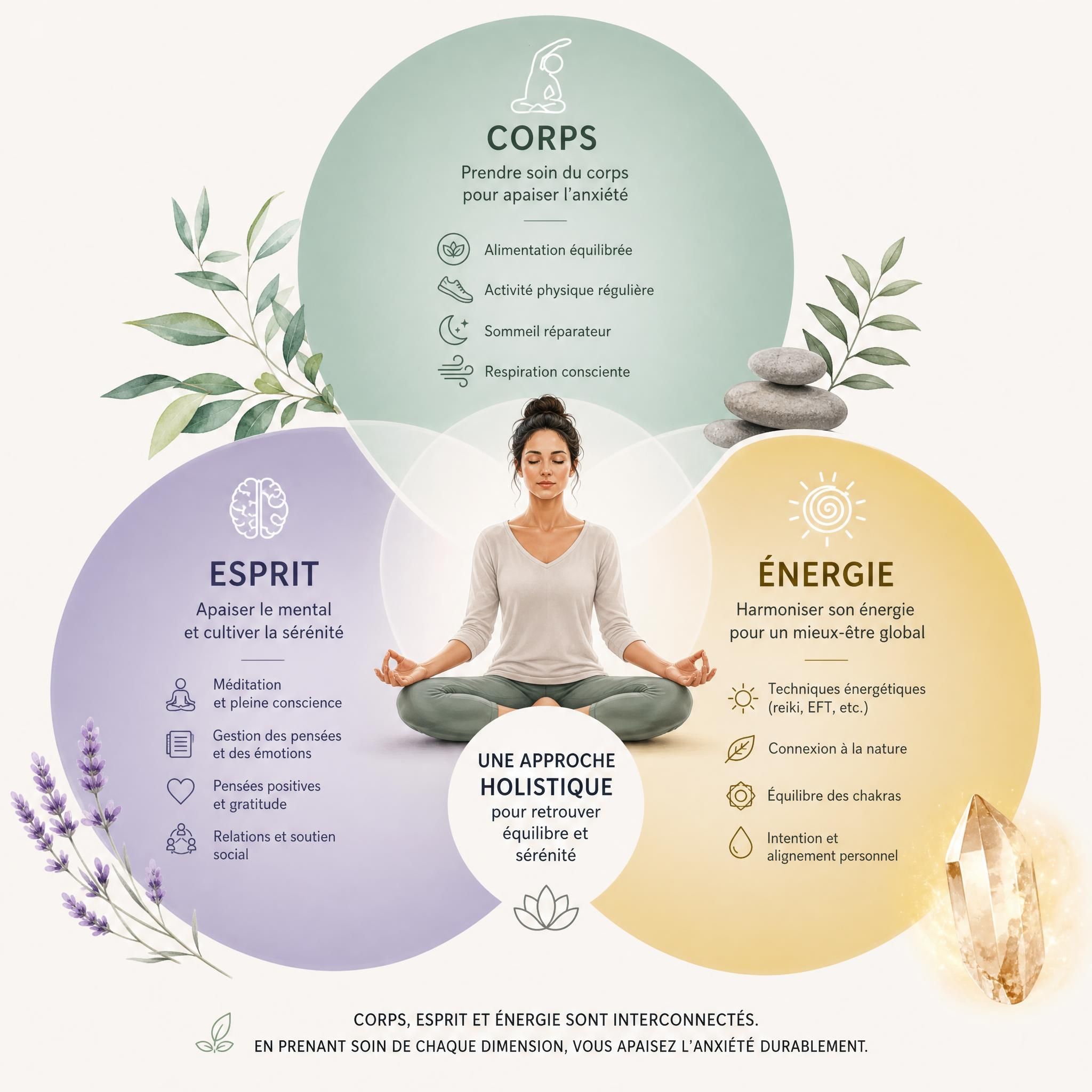 Représentation visuelle des trois dimensions de l'approche holistique corps-esprit-énergie pour traiter l'anxiété
