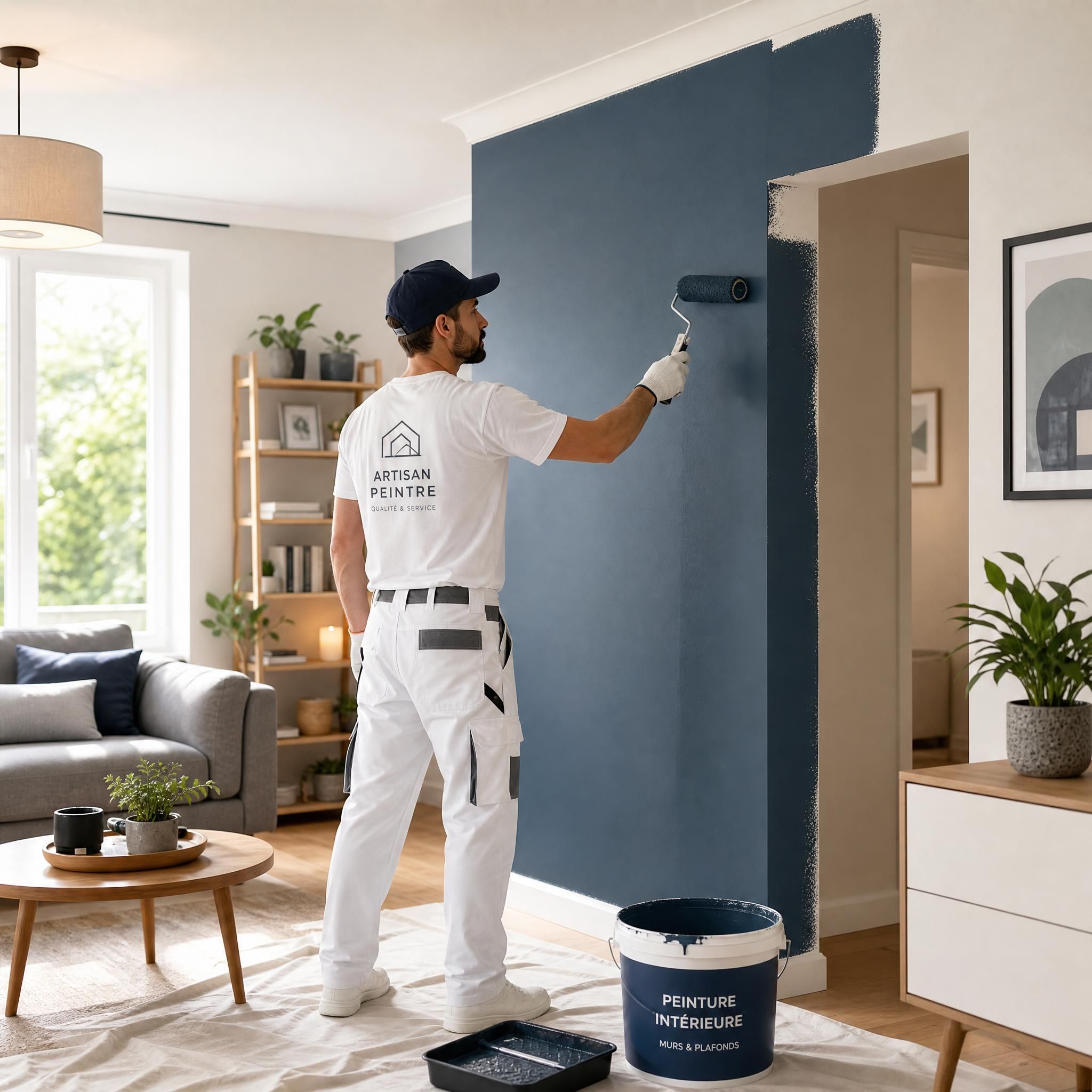 Artisan handyman professionnel réalisant des travaux de peinture intérieure dans un salon moderne