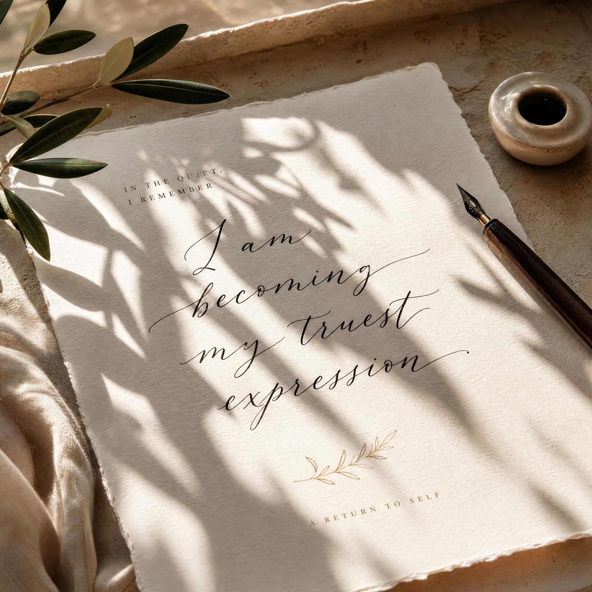 Warm Mediterranean light filtering through a window onto a calligraphy piece on archival paper, with the shadow of an olive branch stretched across the composition — evoking sensory art, slow life, and transformation