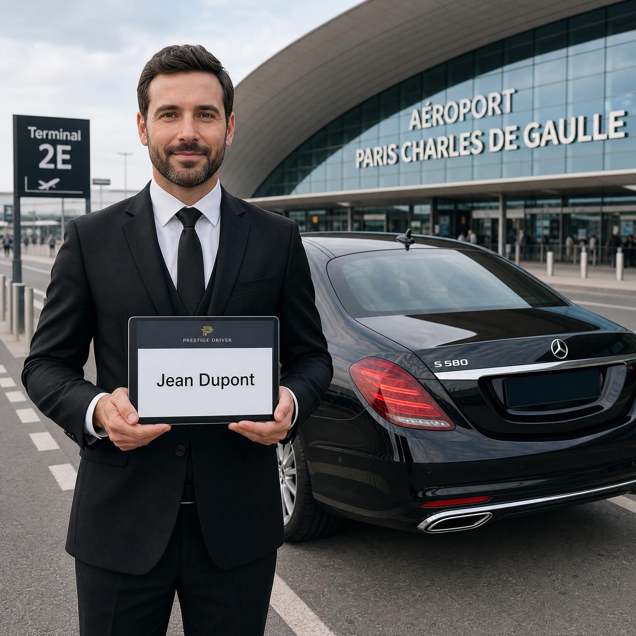 Chauffeur professionnel en costume noir tenant une tablette nominative devant une Mercedes Classe S noire à l'aéroport Charles-de-Gaulle, Paris
