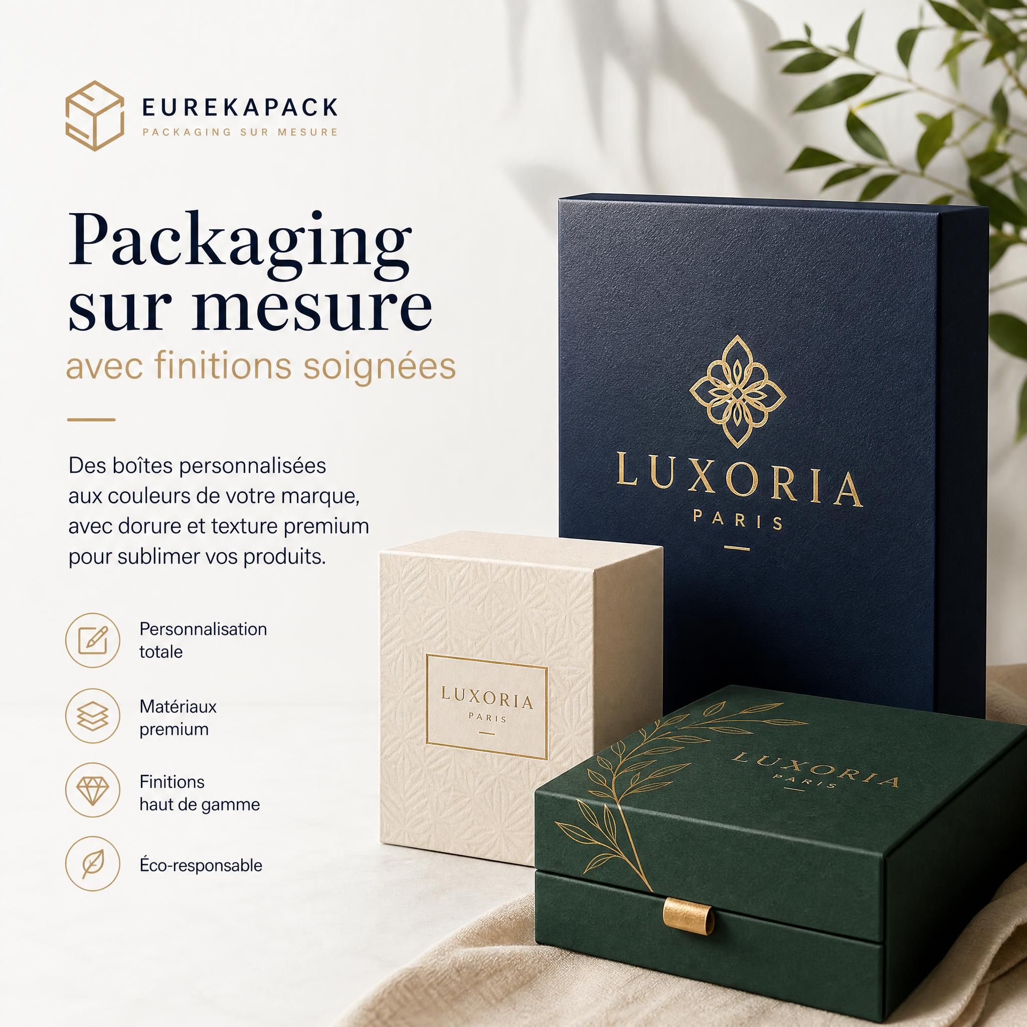 Packaging sur mesure avec finitions soignées — boîtes personnalisées EUREKAPACK aux couleurs de marque, avec dorure et texture premium