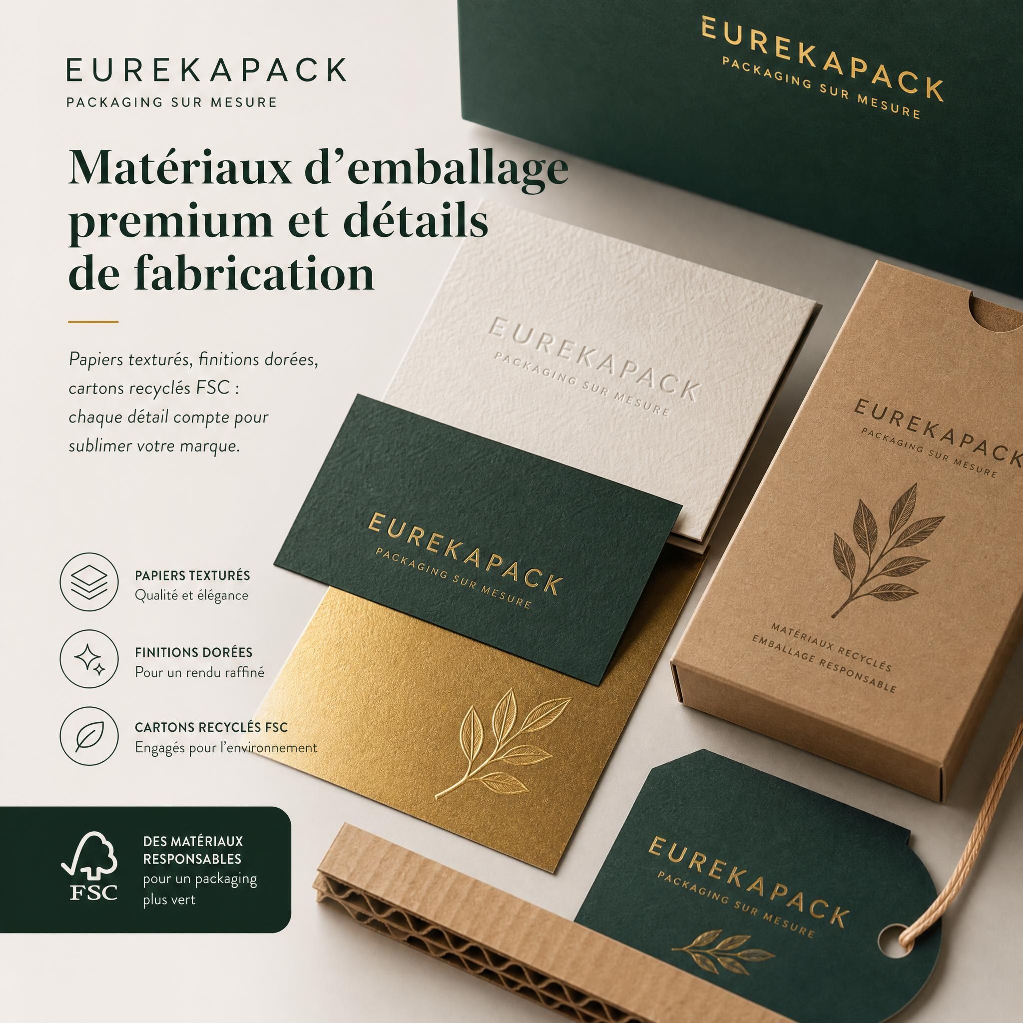 Matériaux d'emballage premium et détails de fabrication — papiers texturés, finitions dorées, cartons recyclés FSC pour packaging sur mesure EUREKAPACK