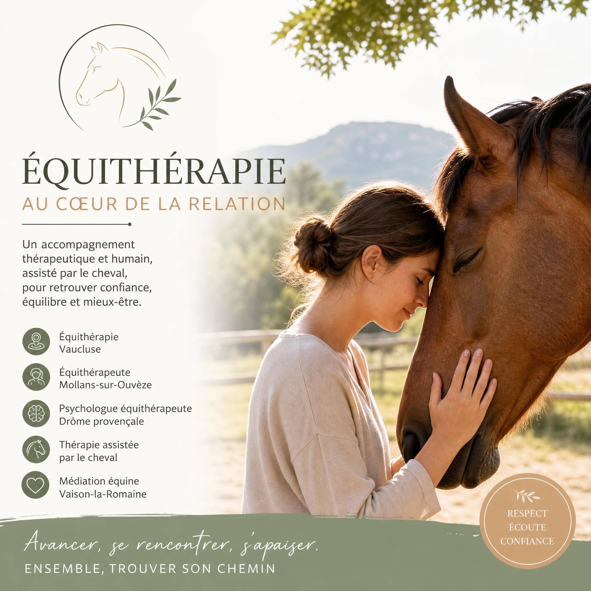 Équithérapie Vaucluse - Équithérapeute Mollans-sur-Ouvèze - Psychologue équithérapeute Drôme provençale - Thérapie assistée par le cheval - Médiation équine Vaison-la-Romaine