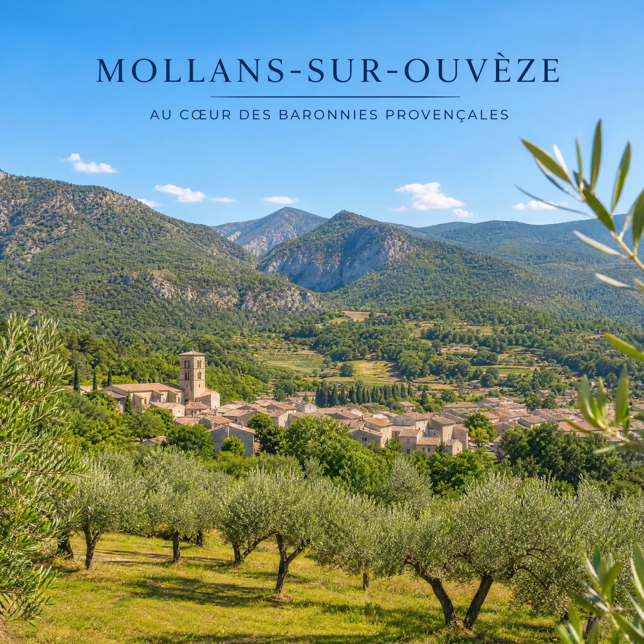 Paysage provençal de Mollans-sur-Ouvèze avec vue sur les Baronnies provençales, collines boisées et oliviers sous le soleil du sud