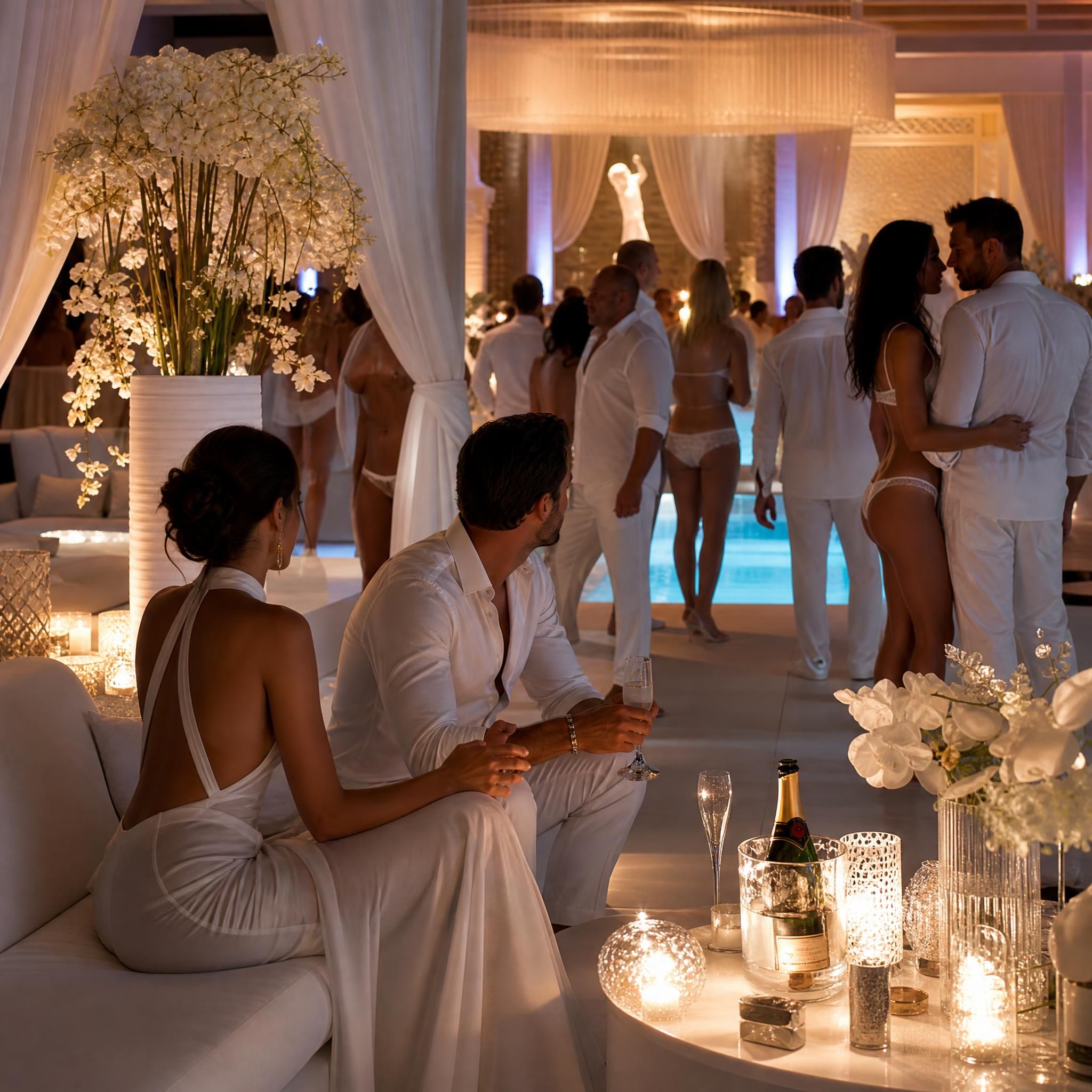 Ambiance soirée blanche élégante et sensuelle dans un club libertin haut de gamme en PACA, lumières tamisées et décor raffiné
