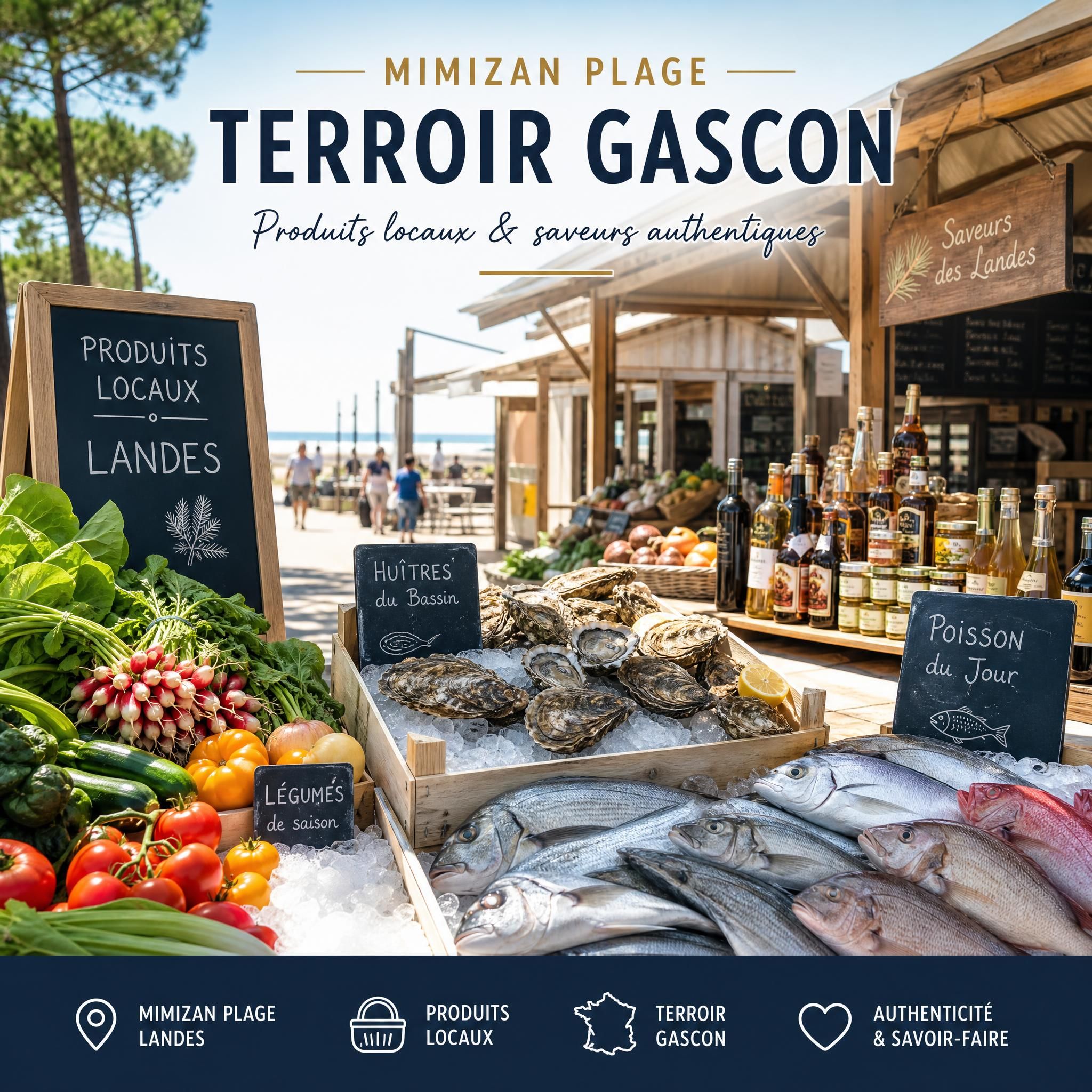 étals produits locaux Landes huîtres poisson frais légumes marché Mimizan Plage terroir gascon