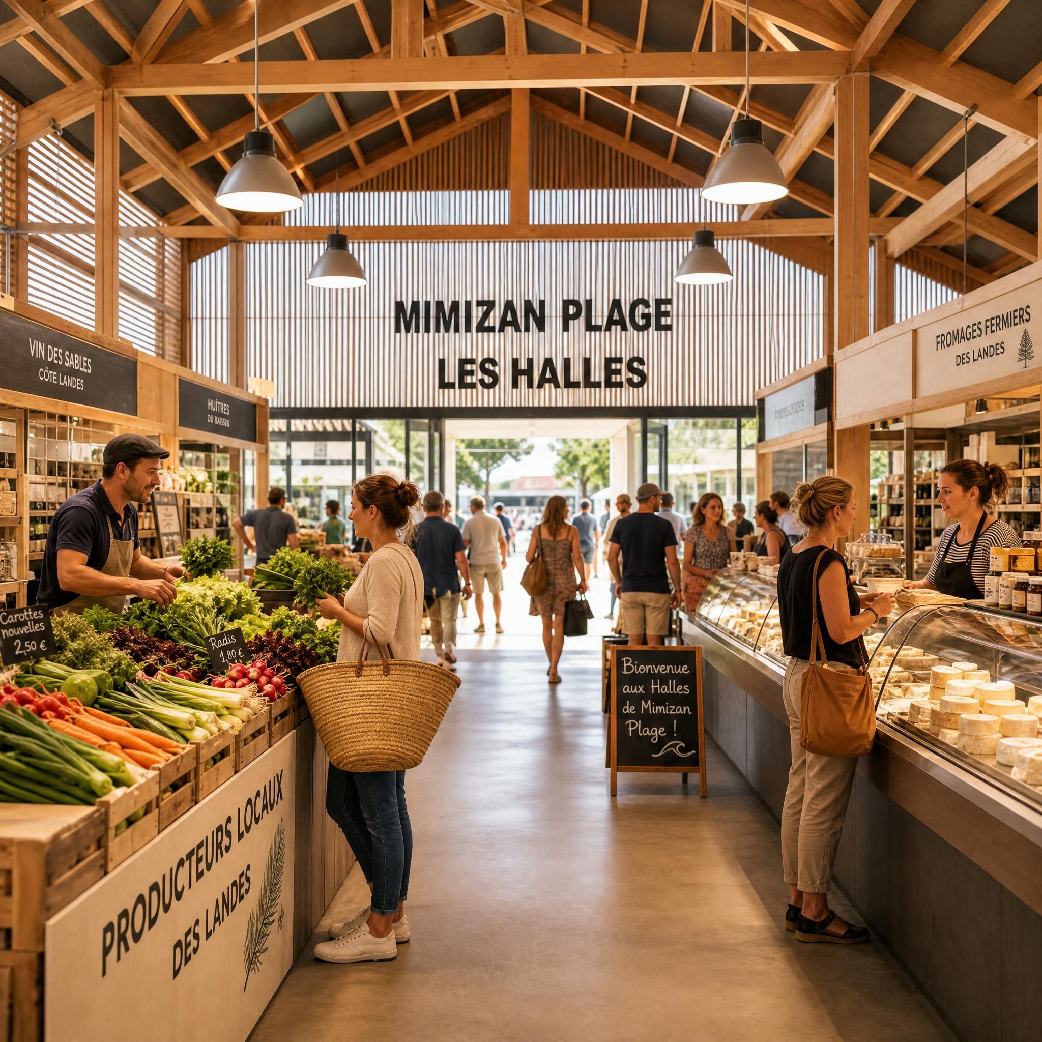 intérieur halles marché couvert Mimizan Plage étals producteurs locaux Landes ambiance matinale