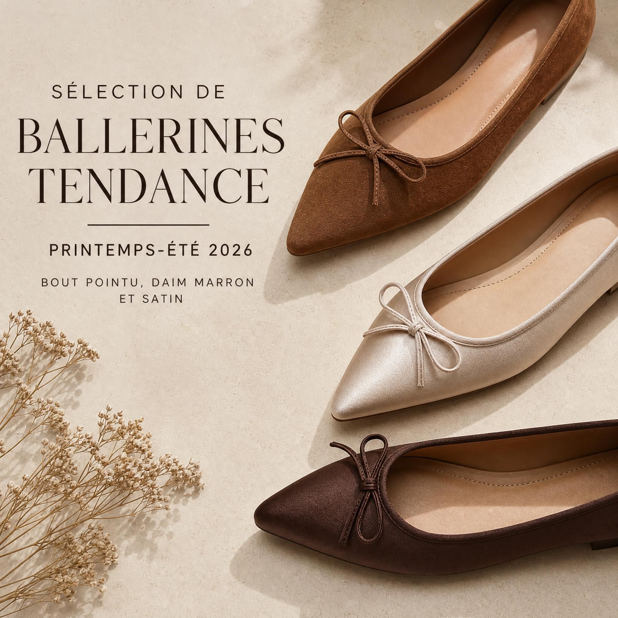Sélection de ballerines tendance printemps-été 2026 — bout pointu, daim marron et satin — posées sur fond naturel beige
