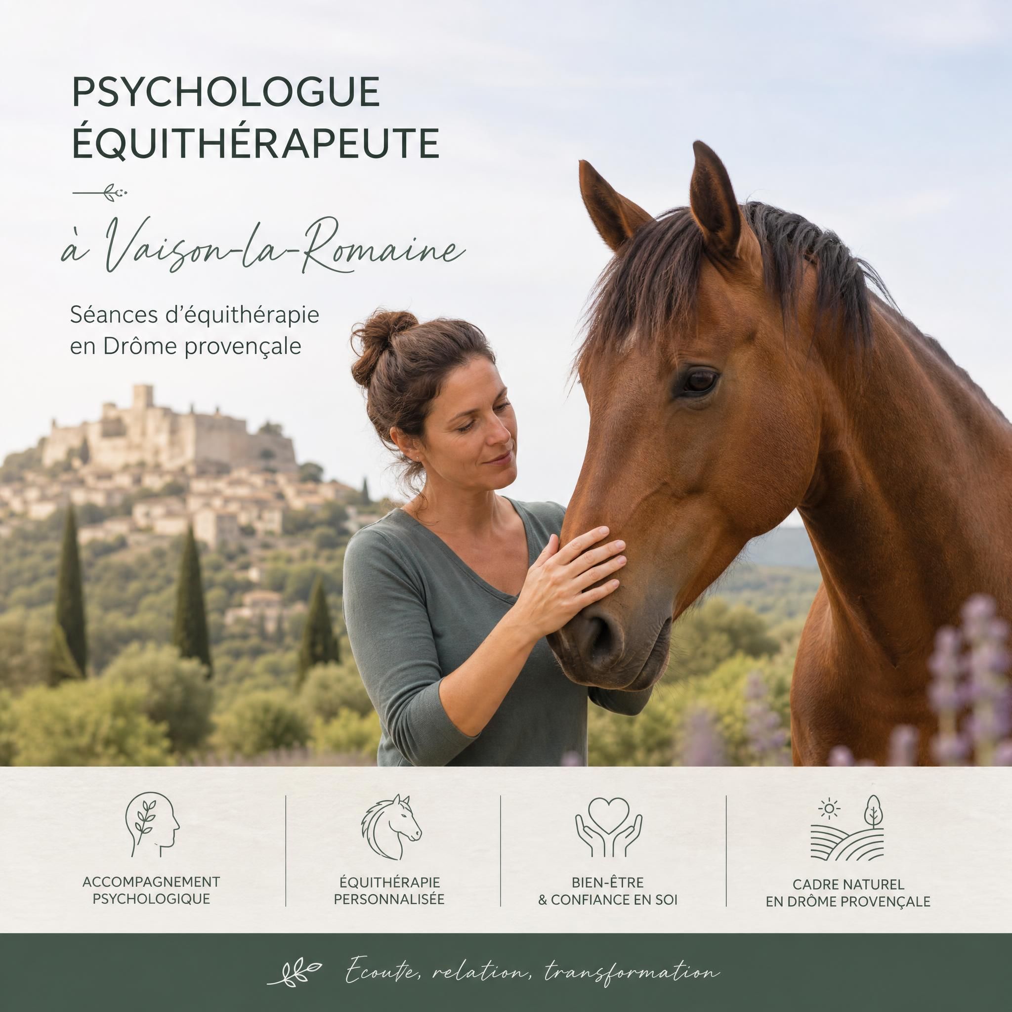 Psychologue équithérapeute avec cheval à Vaison-la-Romaine, séance d'équithérapie en Drôme provençale