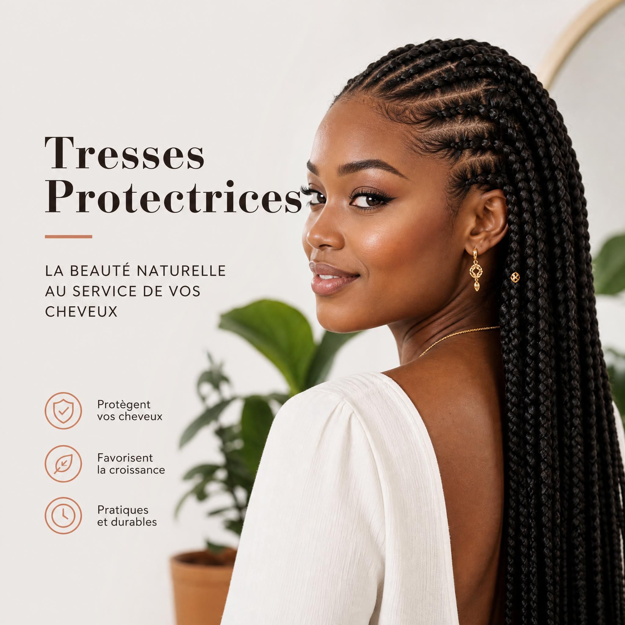 Femme portant des tresses protectrices bien soignées, coiffure protectrice cheveux naturels afro beauté naturelle